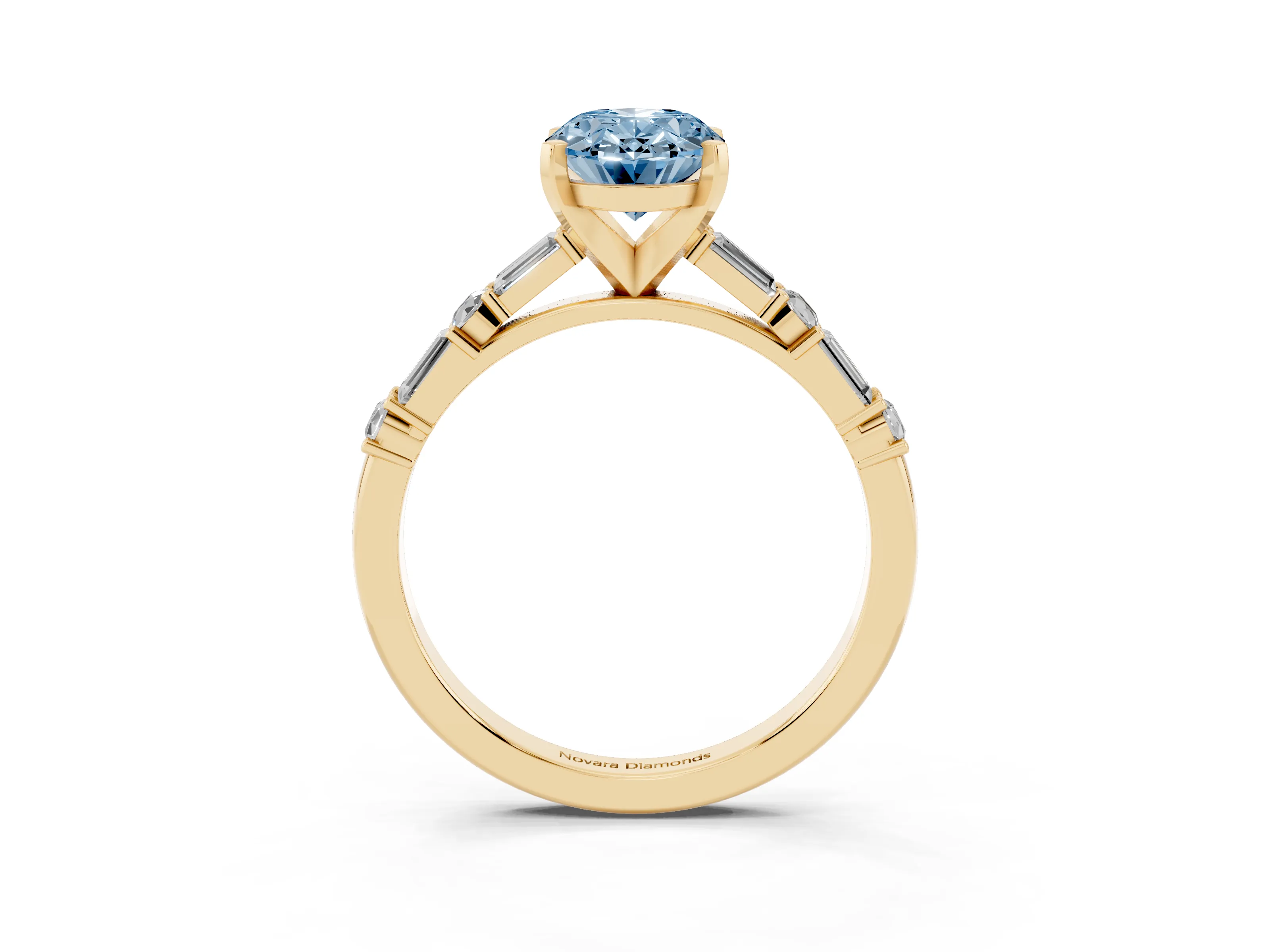 Fancy Blue Oval Cut Diamond Solitaire Set in Yellow gold with Side Baguettes and Channel Set Band
