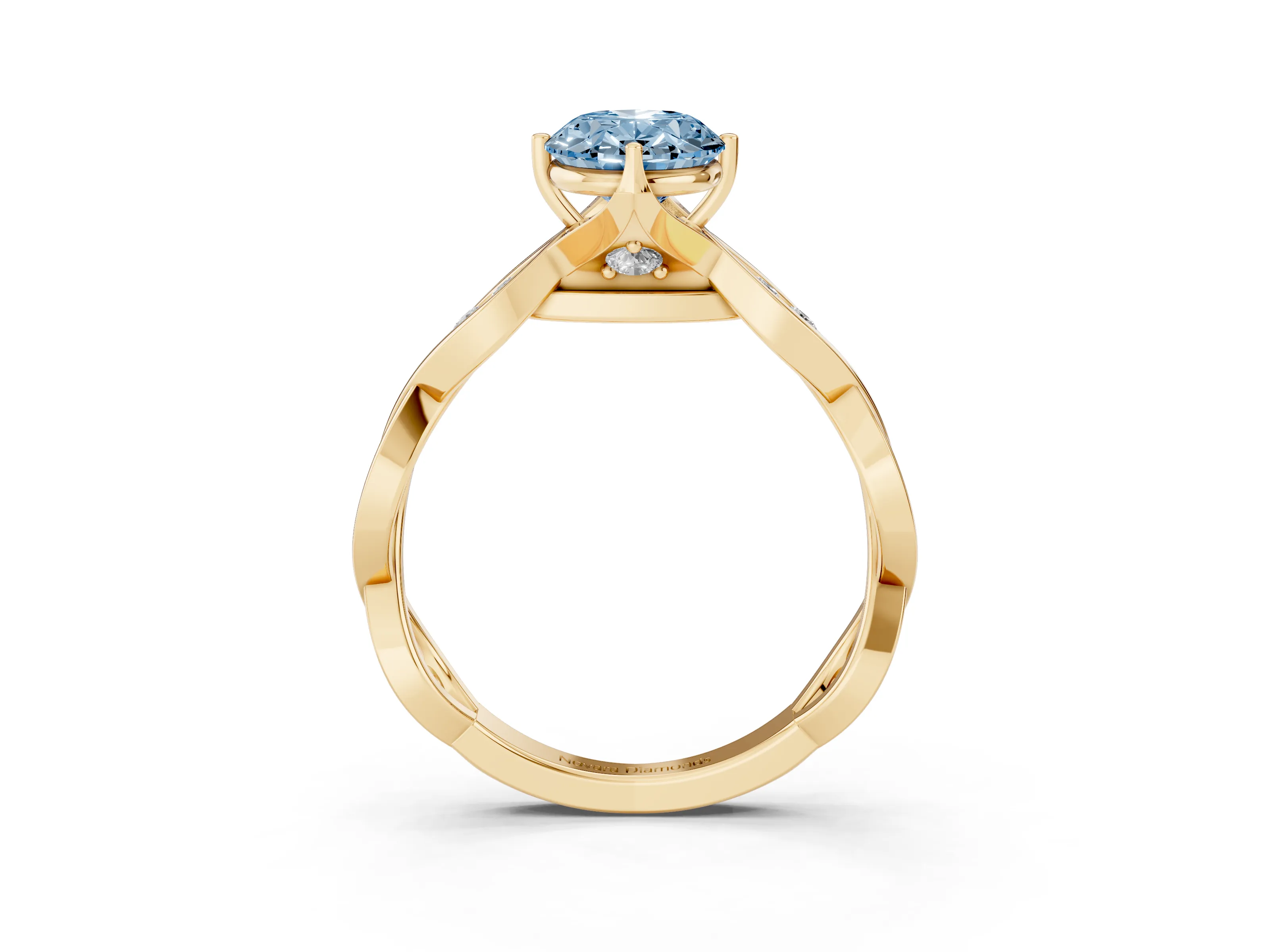 Fancy Blue Oval Cut Diamond Twist Band Solitaire Ring Set in Yellow gold with Leaf Prong Setting and Accent Stones