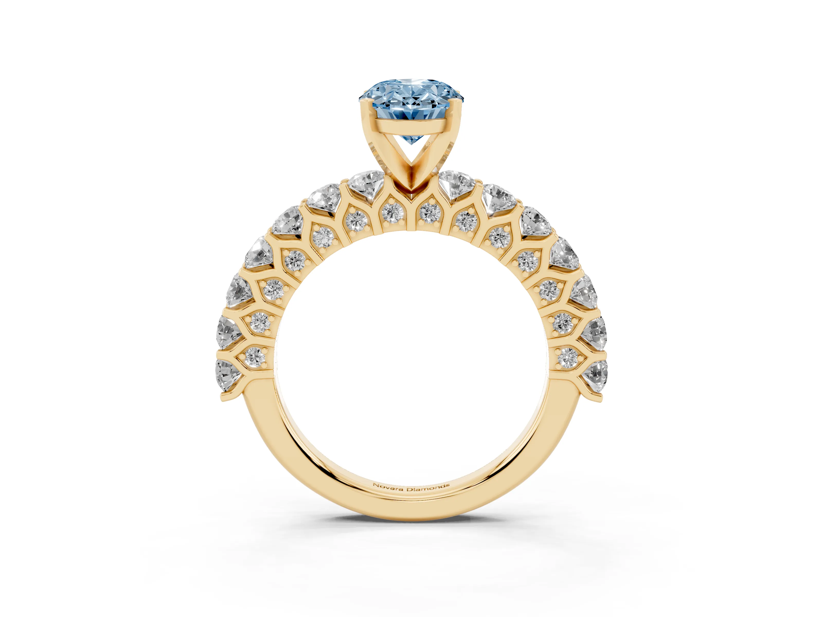 Fancy Blue Oval Cut Diamond Solitaire Ring Set in Yellow gold with Shared Prong Pavé Band