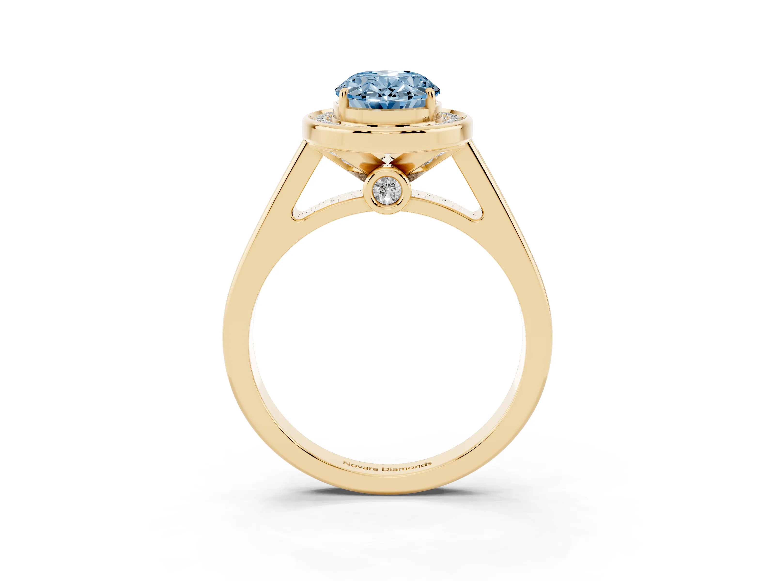 Fancy Blue Oval Cut Diamond Halo Solitaire Ring Set in Yellow gold with Pavé Band and Bezel Setting