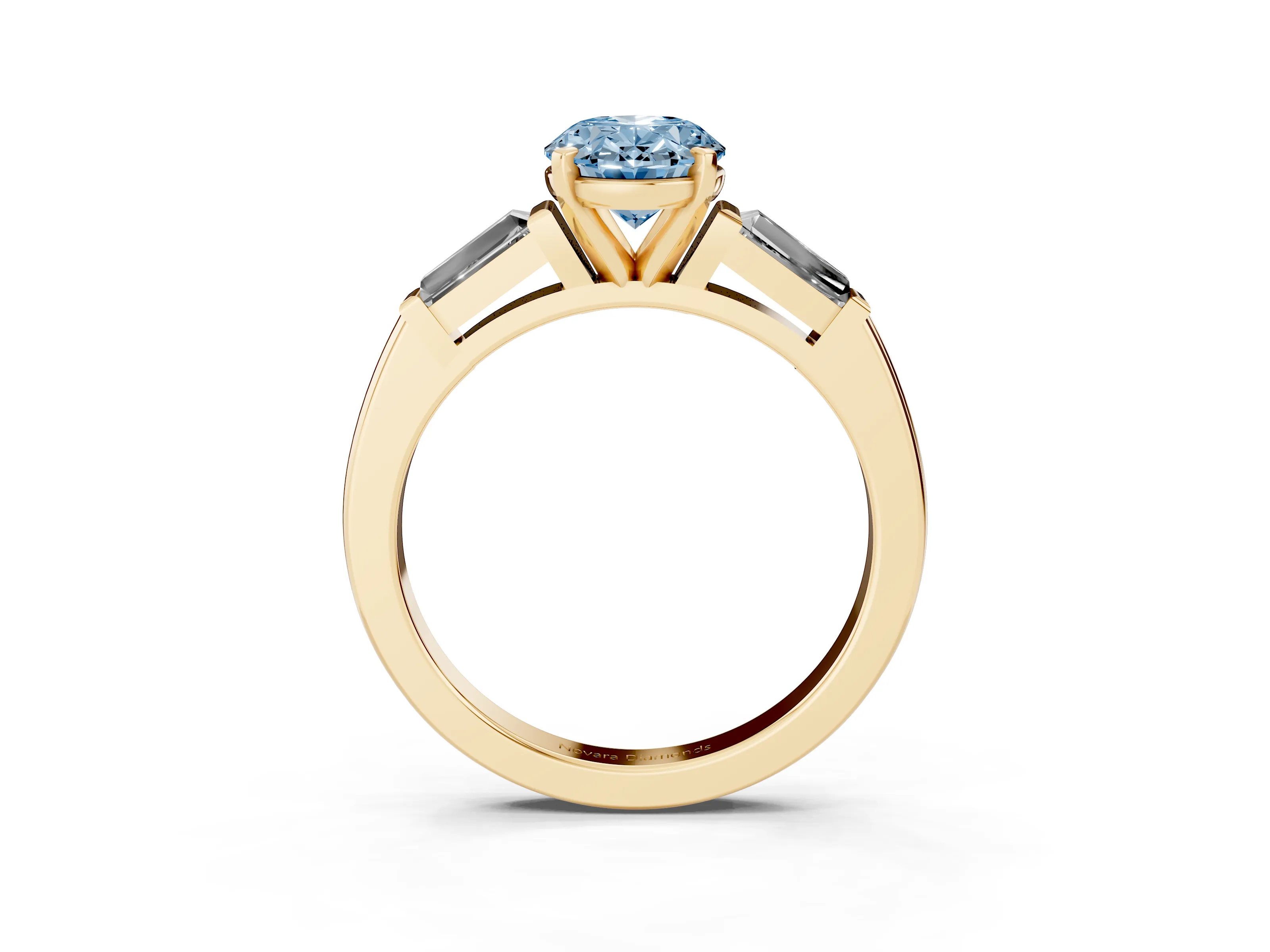 Fancy Blue Oval Cut Diamond Solitaire Ring Set in Yellow gold with Tapered Baguette Side Stones and Prong Setting