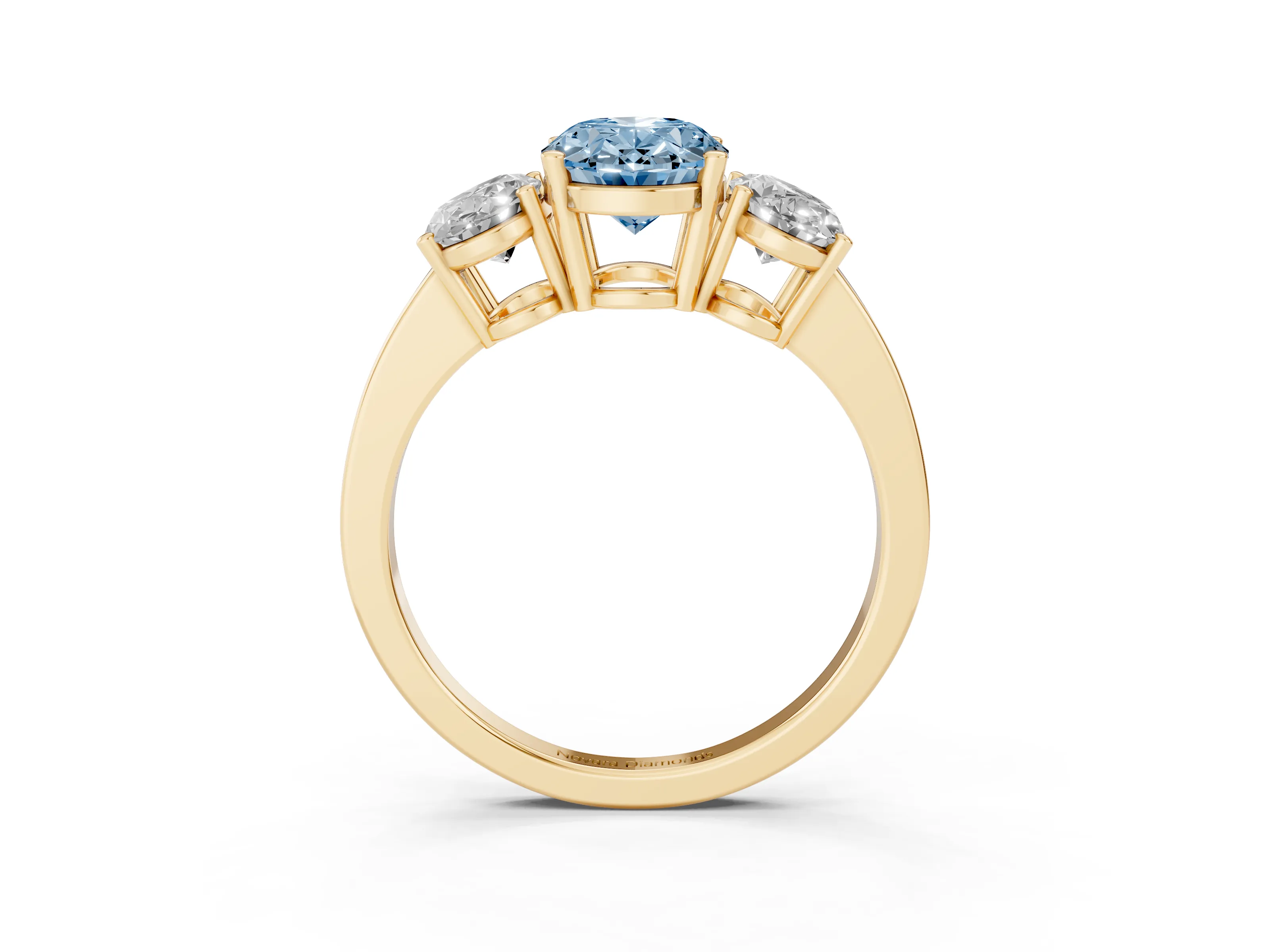 Fancy Blue Oval Cut Diamond Three-Stone Engagement Ring Set in Yellow gold with Flat Band