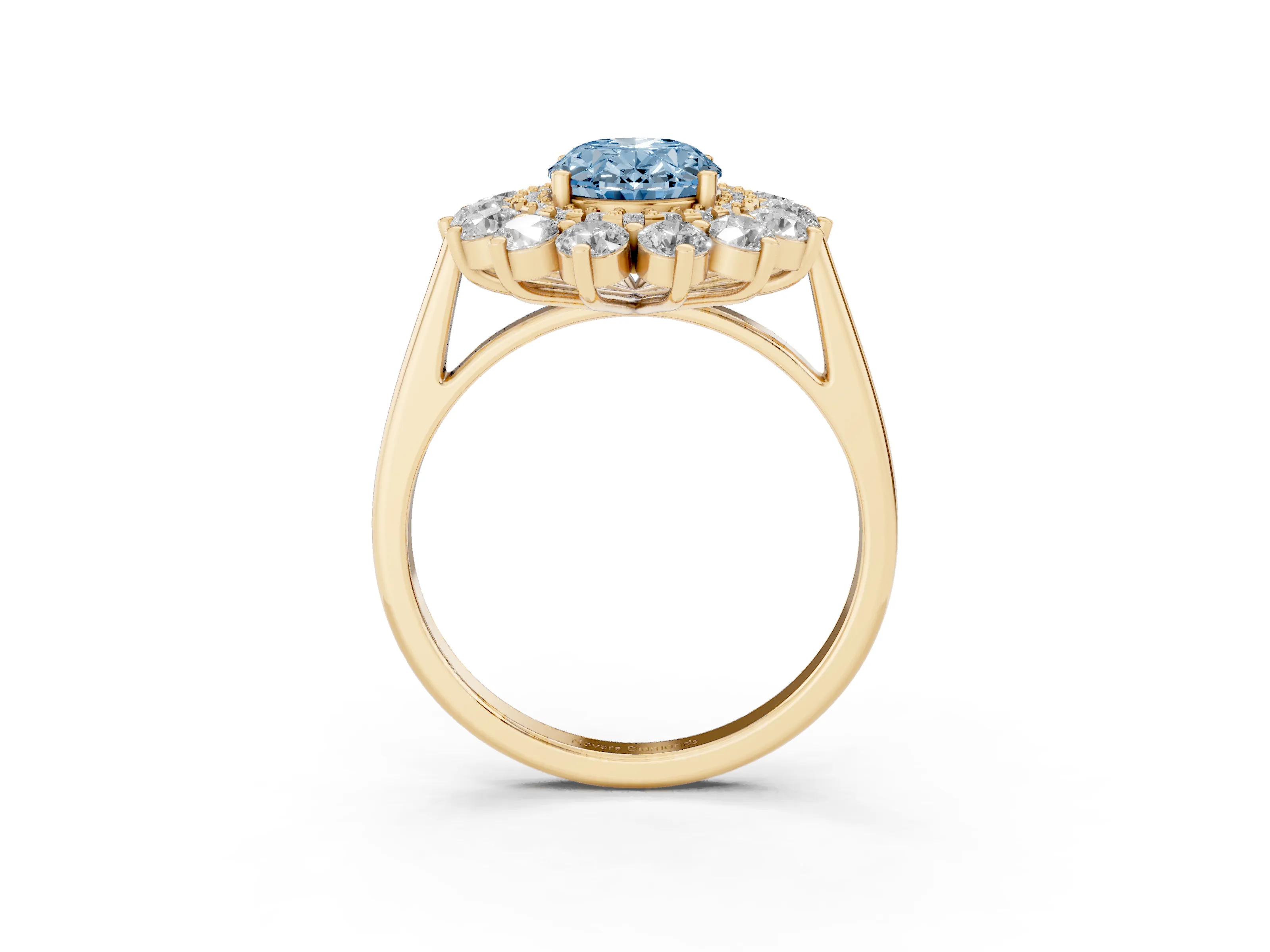 Fancy Blue Oval Cut Diamond Floral Double Halo Ring Set in Yellow gold with Round Petals