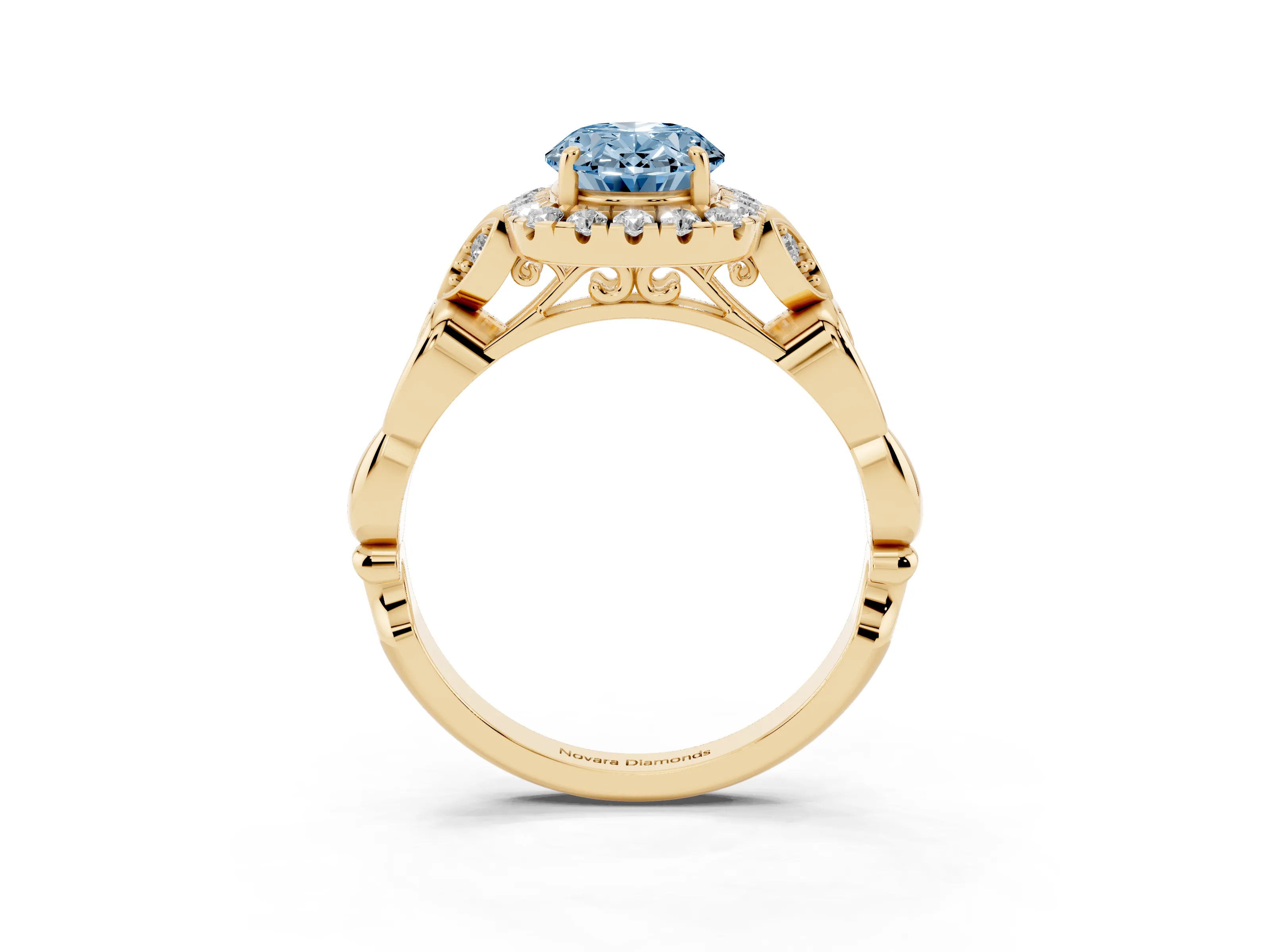 Fancy Blue Oval Cut Diamond Halo Engagement Ring Set in Yellow gold with Vintage-Inspired Band and Prong Setting