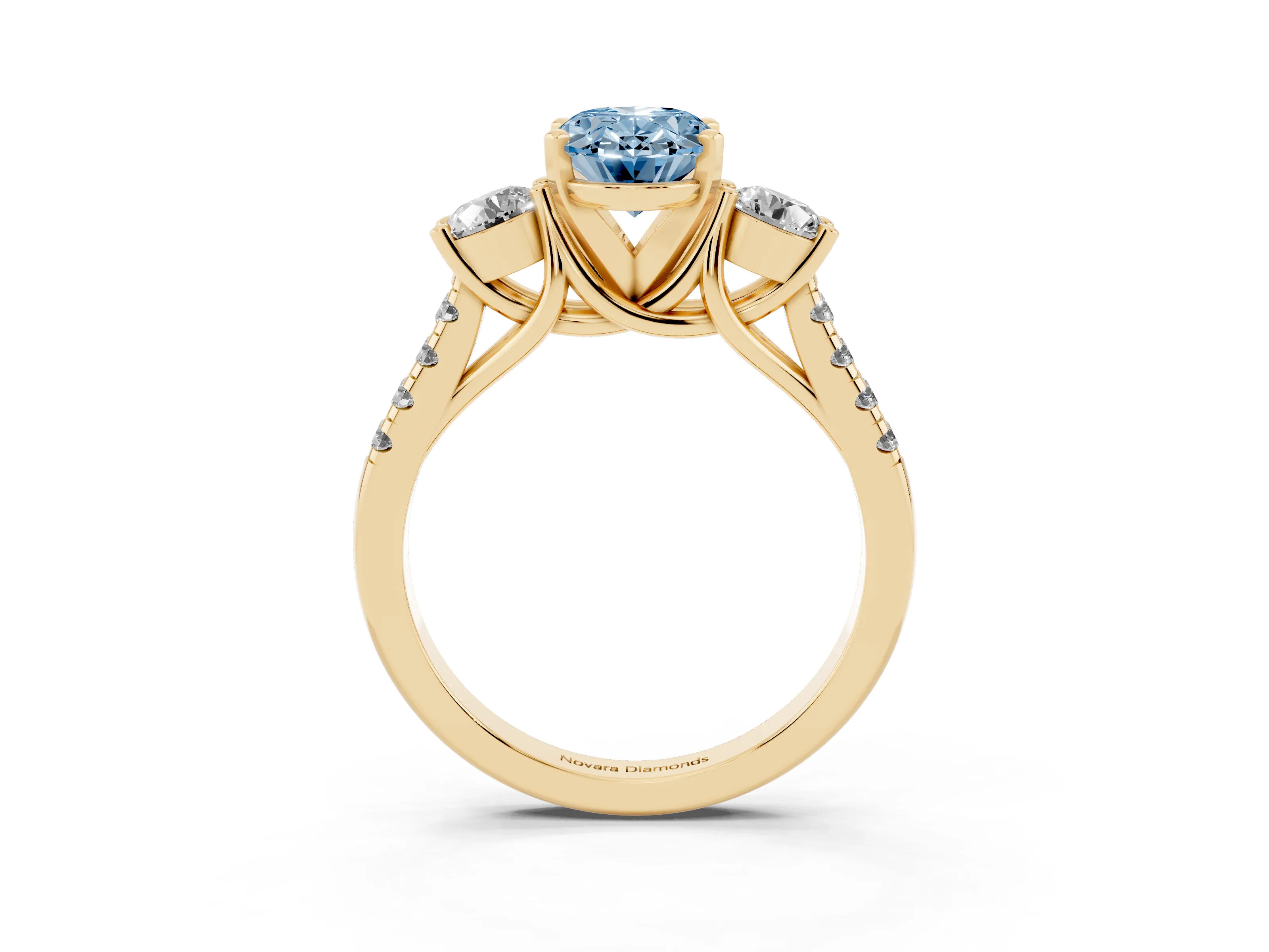 Fancy Blue Three-Stone Oval Cut Diamond Pavé Band Ring Set in Yellow gold with Prong-Set Trio