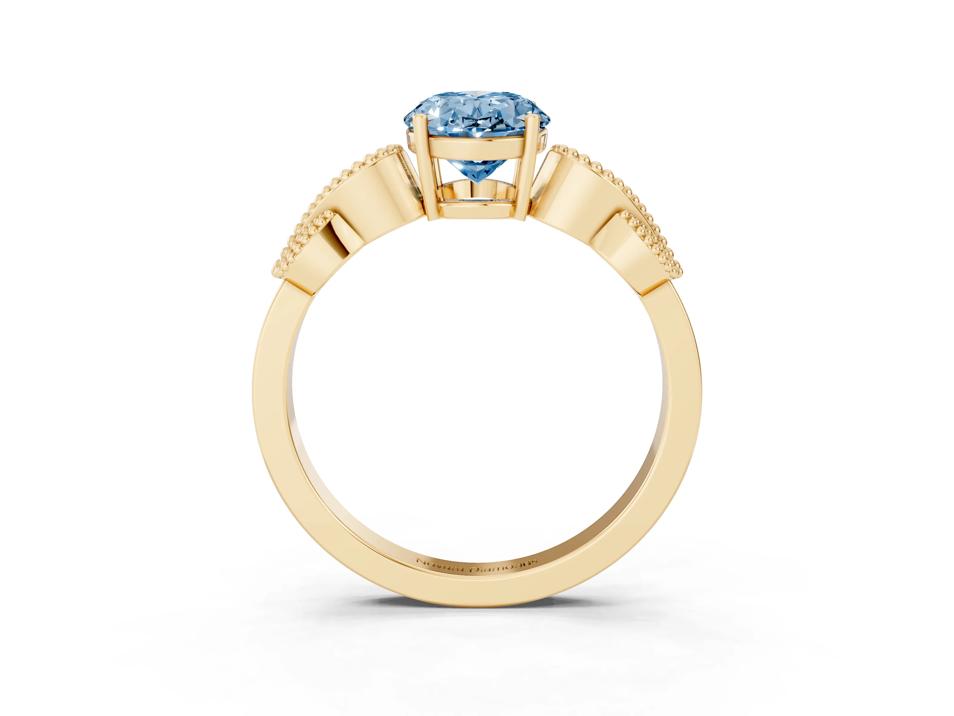 Fancy Blue Oval Cut Diamond Milgrain Leaf Band Solitaire Ring Set in Yellow gold with Accent Stones and Prong Setting