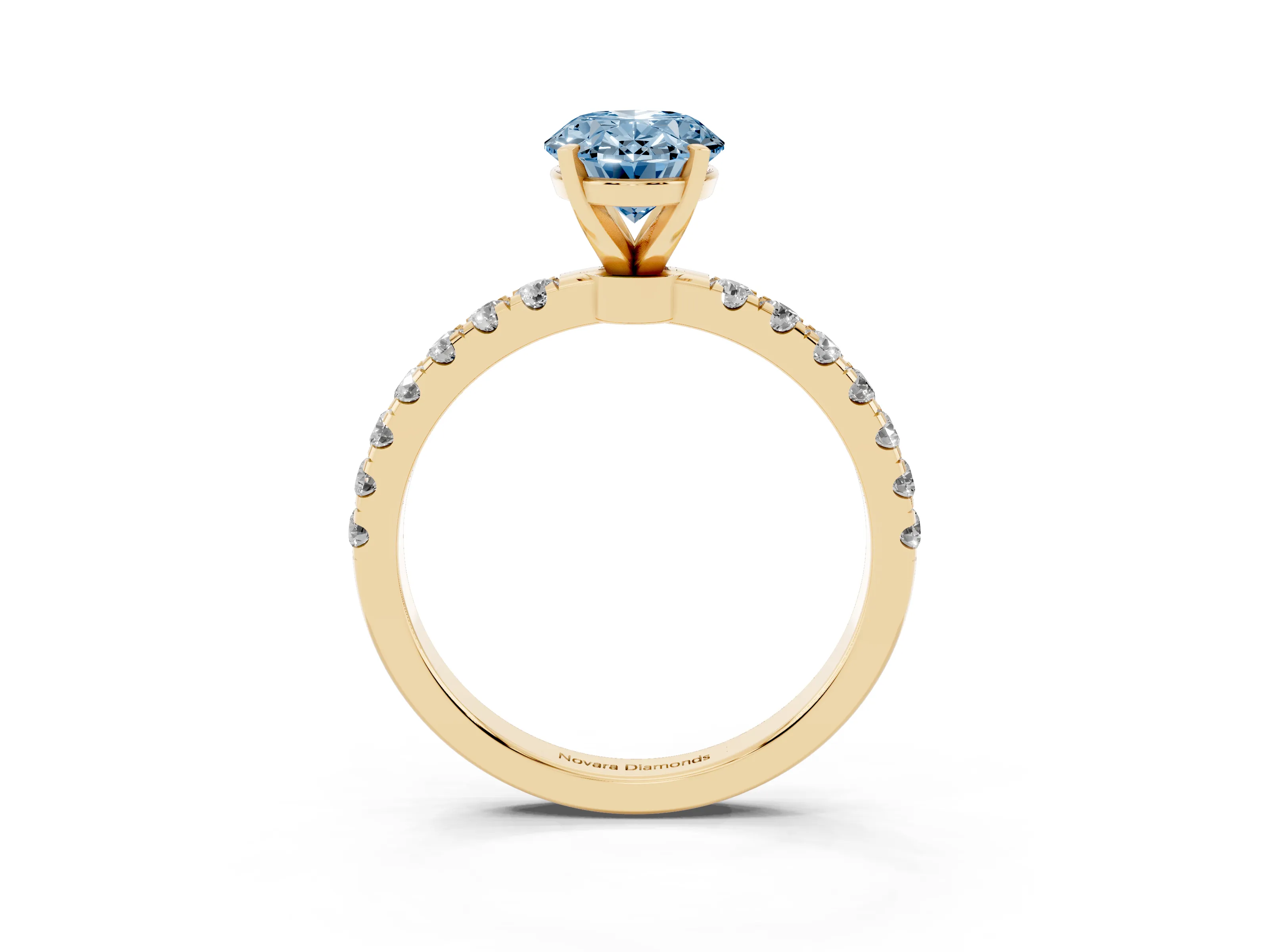 Fancy Blue Oval Cut Diamond Solitaire Ring Set in Yellow gold with Pavé Accents and Prong Setting