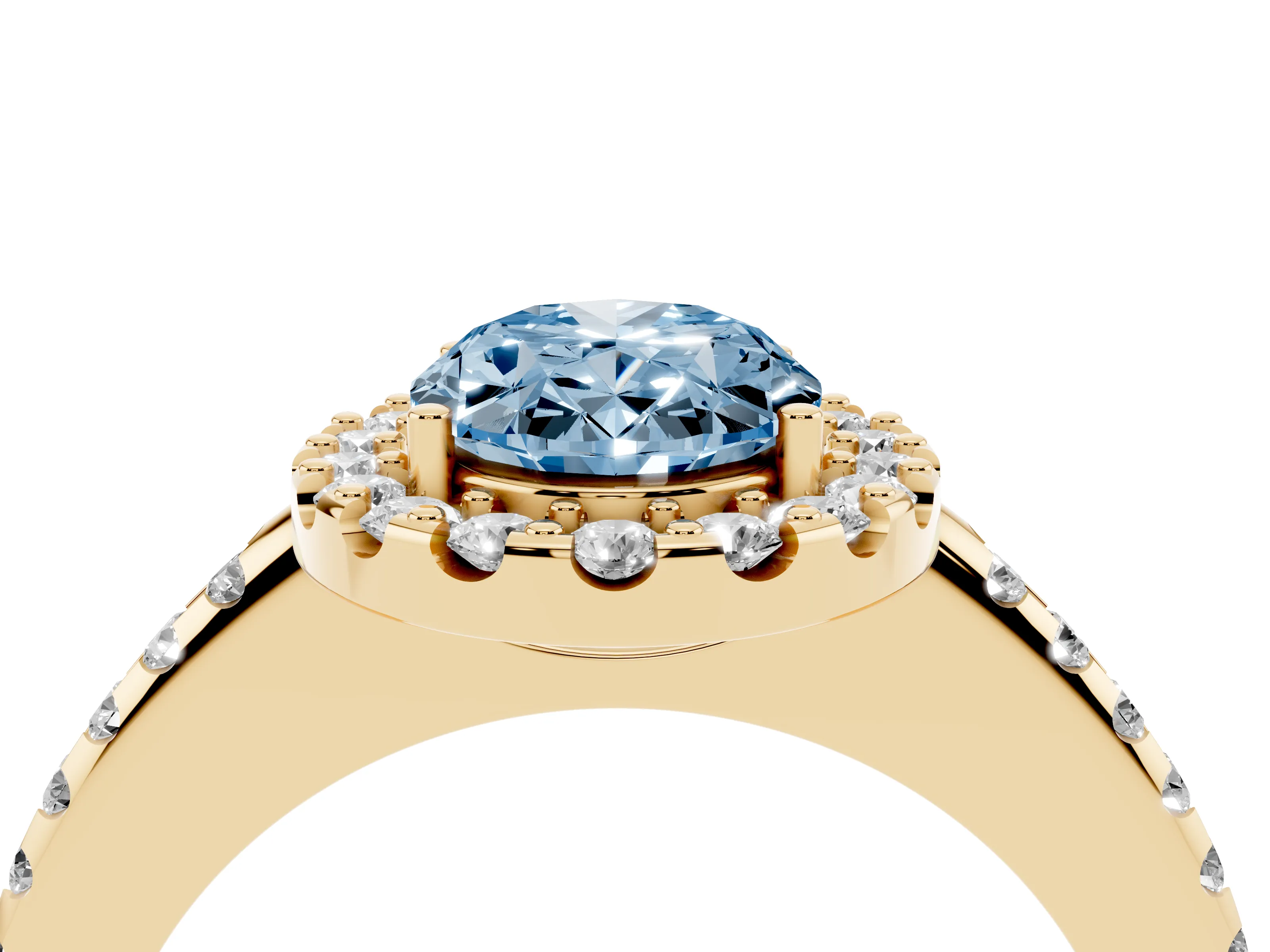 Fancy Blue Oval Cut Diamond Pavé Halo Ring Set in Yellow gold with Prong Setting