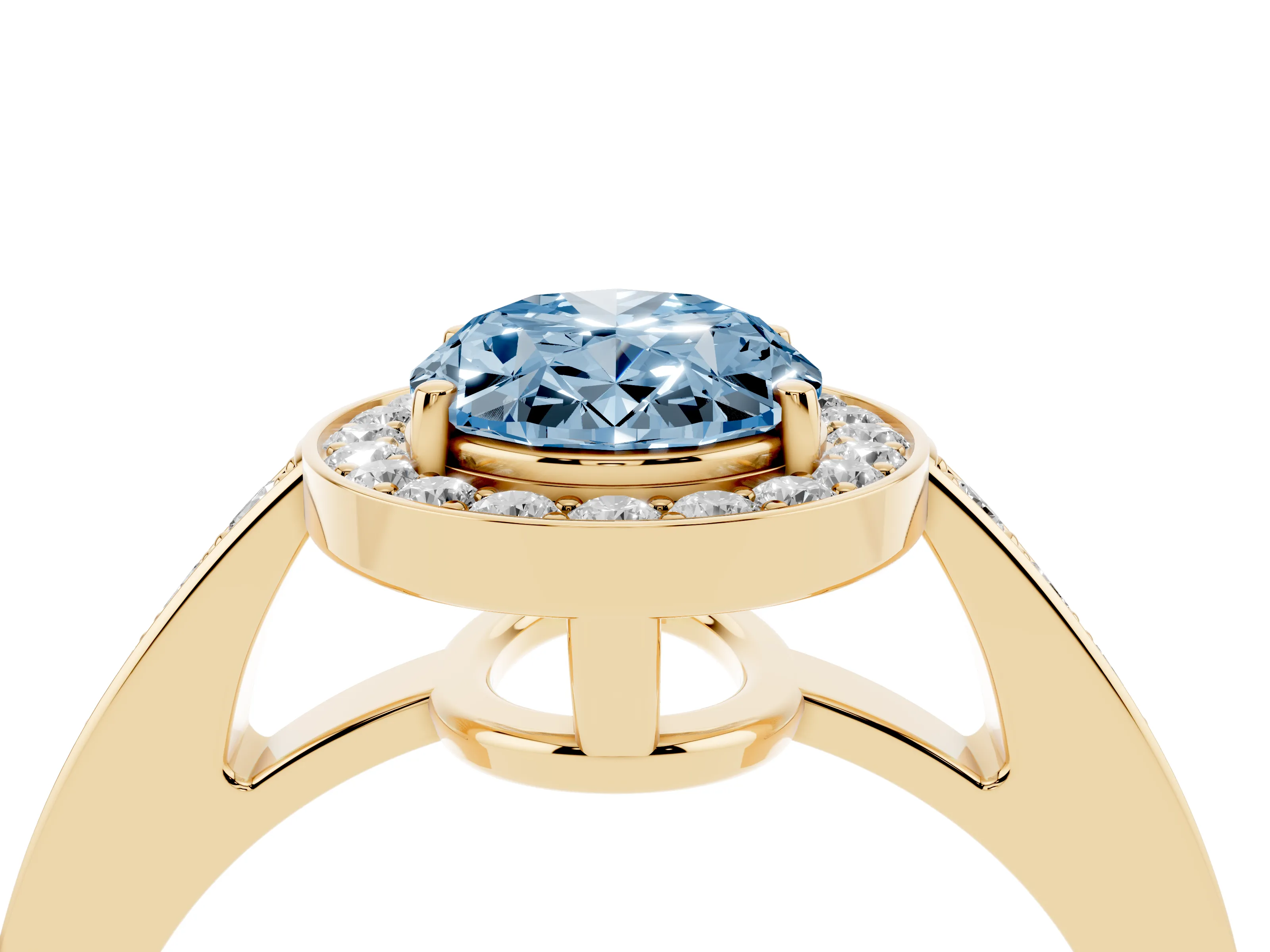 Fancy Blue Oval Cut Diamond Halo Pavé Engagement Ring Set in Yellow gold with Bezel Setting