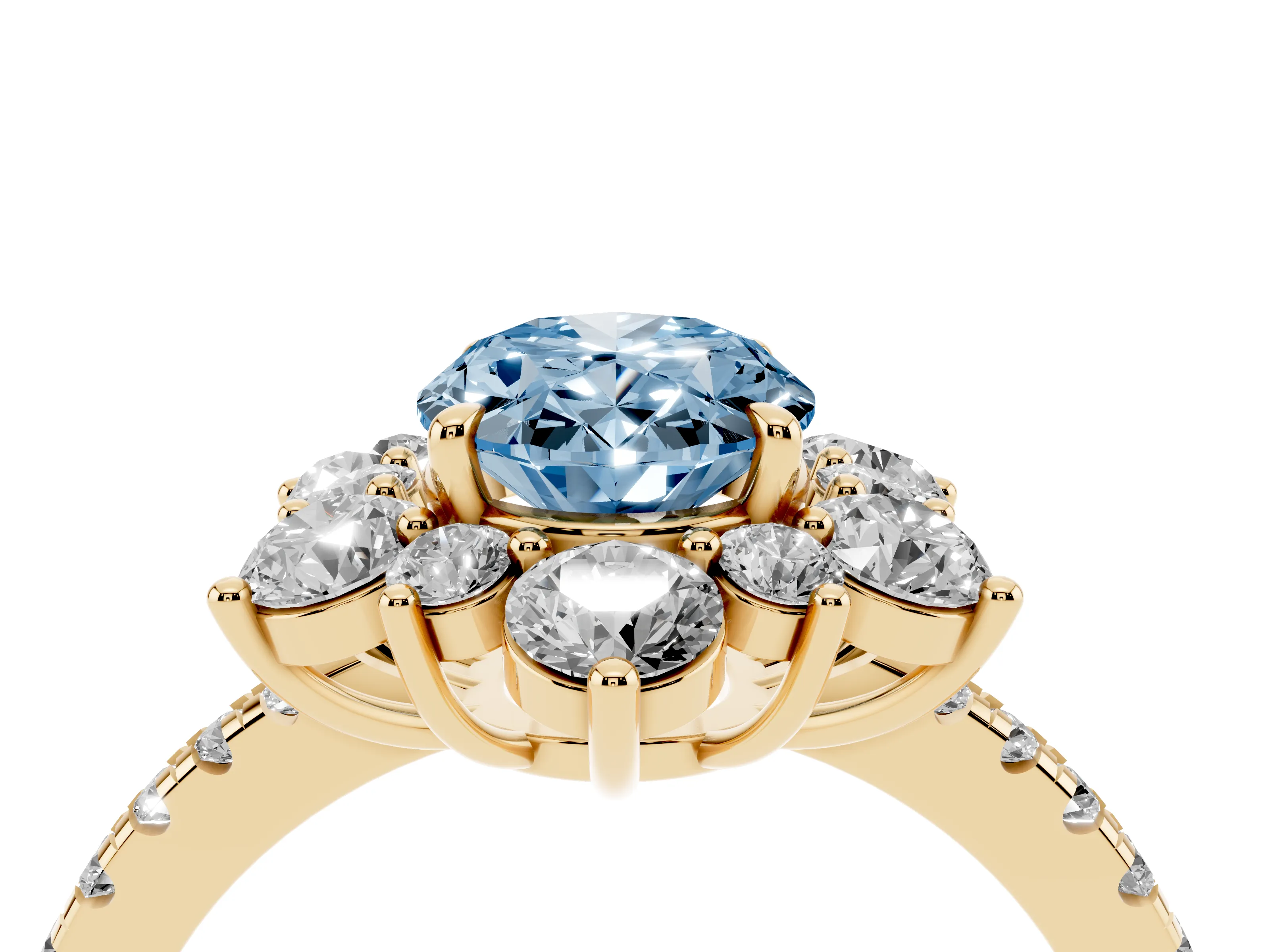 Fancy Blue Oval Cut Diamond Floral Halo Ring Set in Yellow gold with Round Pavé Band and Prong Setting