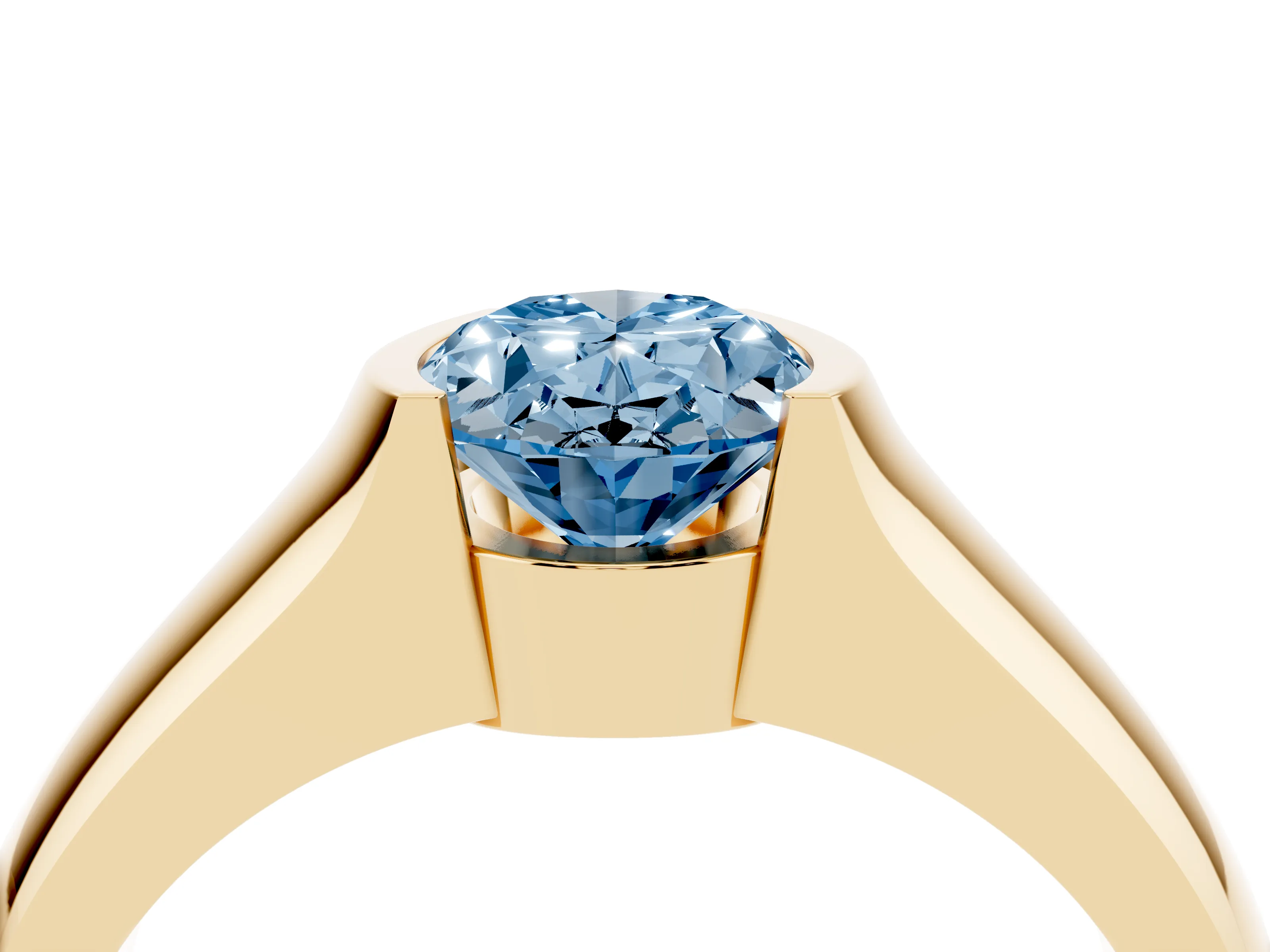 Fancy Blue Oval Cut Diamond Bezel Solitaire Ring Set in Yellow gold with Wide Band