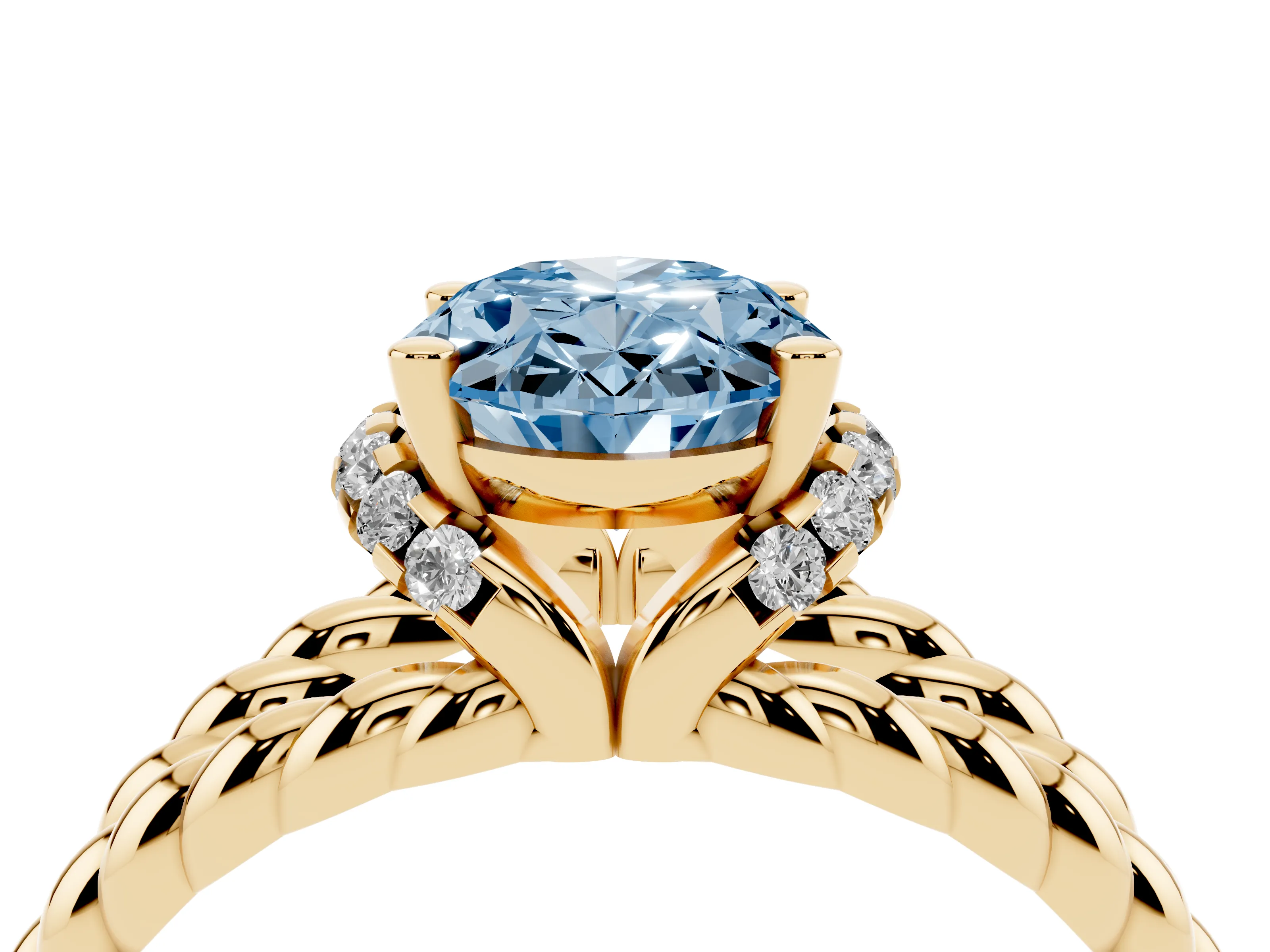 Fancy Blue Oval Cut Diamond Halo Ring Set in Yellow gold with Twisted Band and Prong Setting