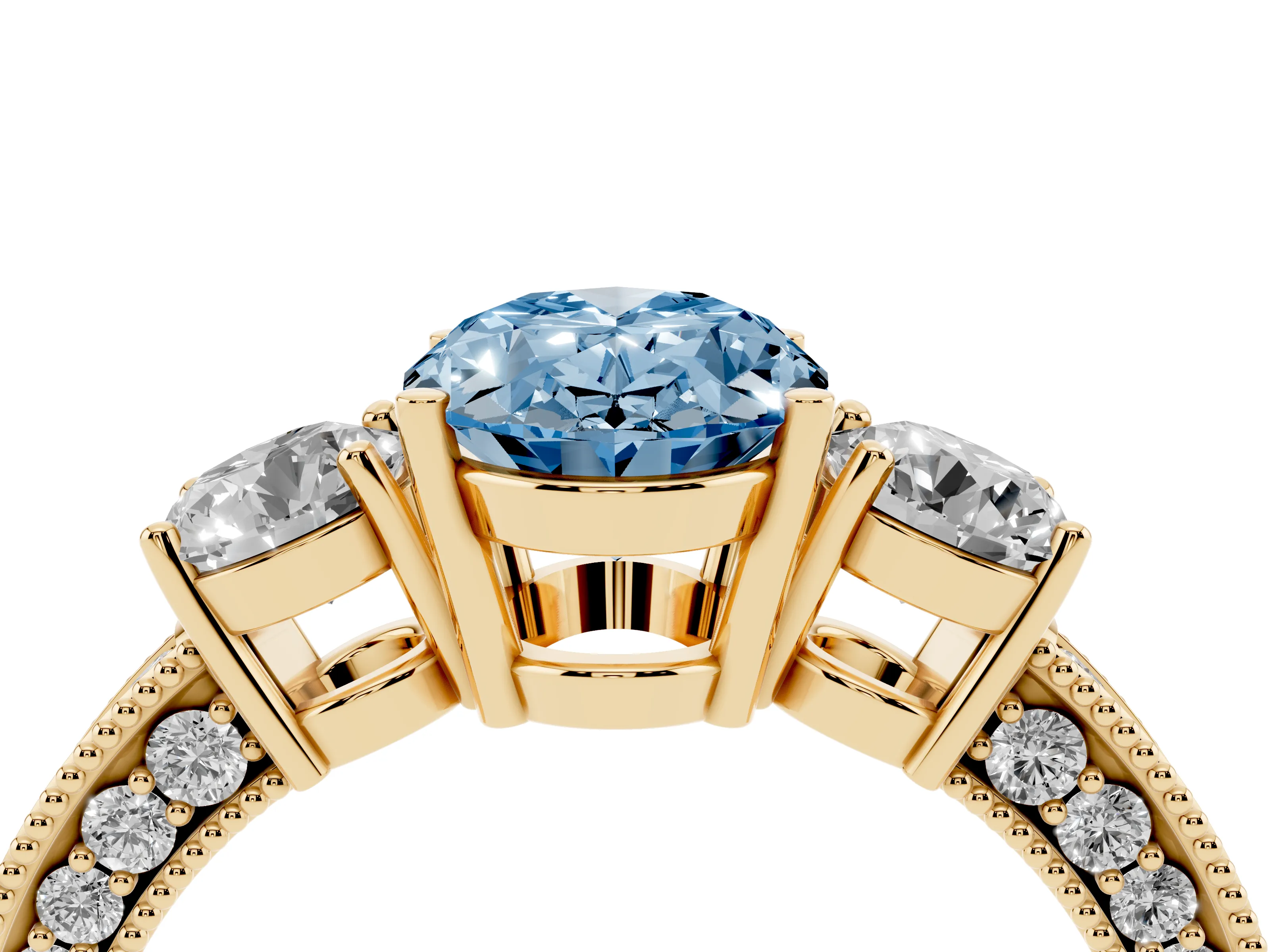 Fancy Blue Oval Cut Diamond Three-Stone Ring Set in Yellow gold with Round Side Stones and Pavé Band