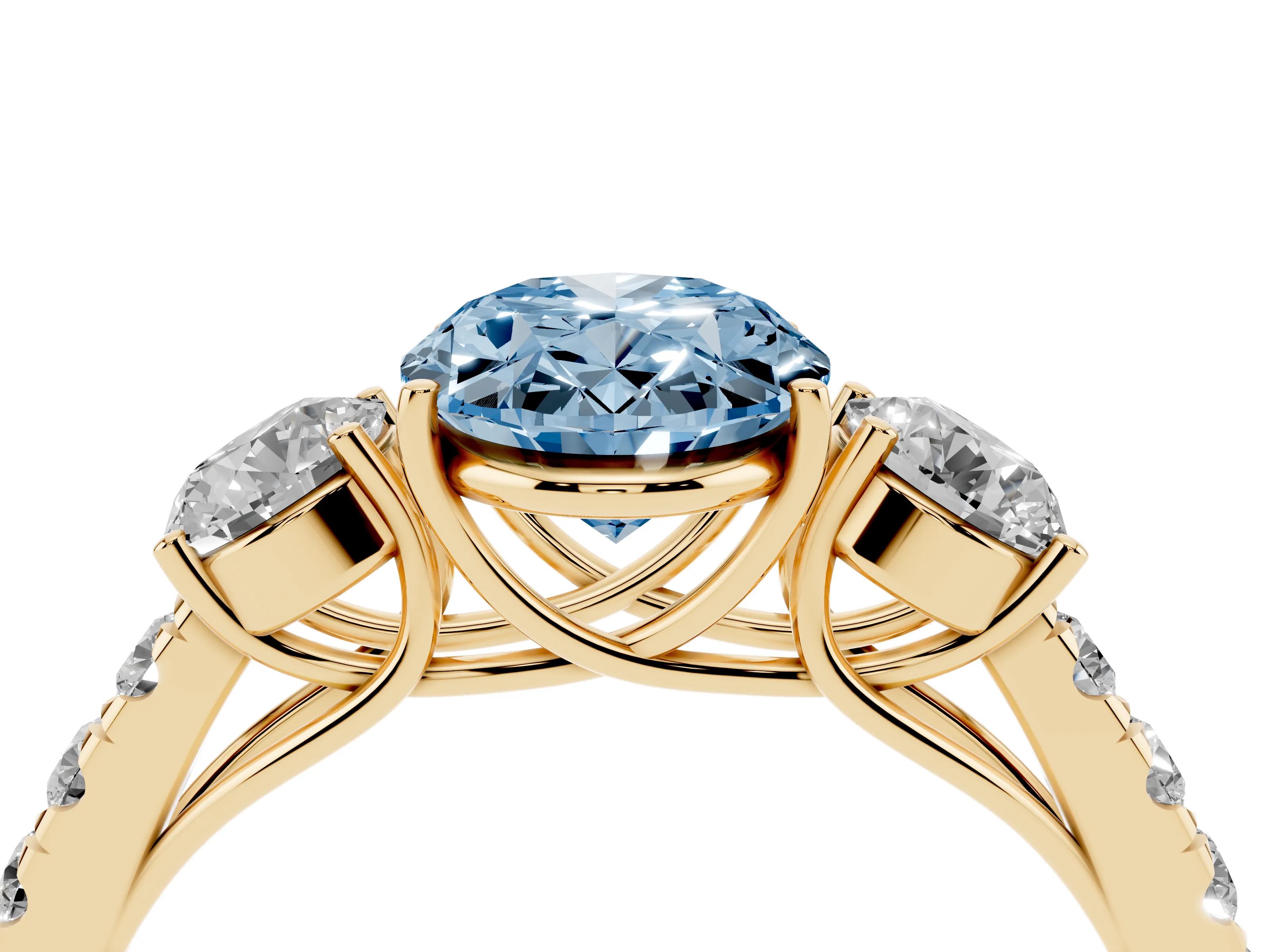 Fancy Blue Oval Cut Diamond Three-Stone Ring Set in Yellow gold with Round Side Stones and Delicate Pavé Band