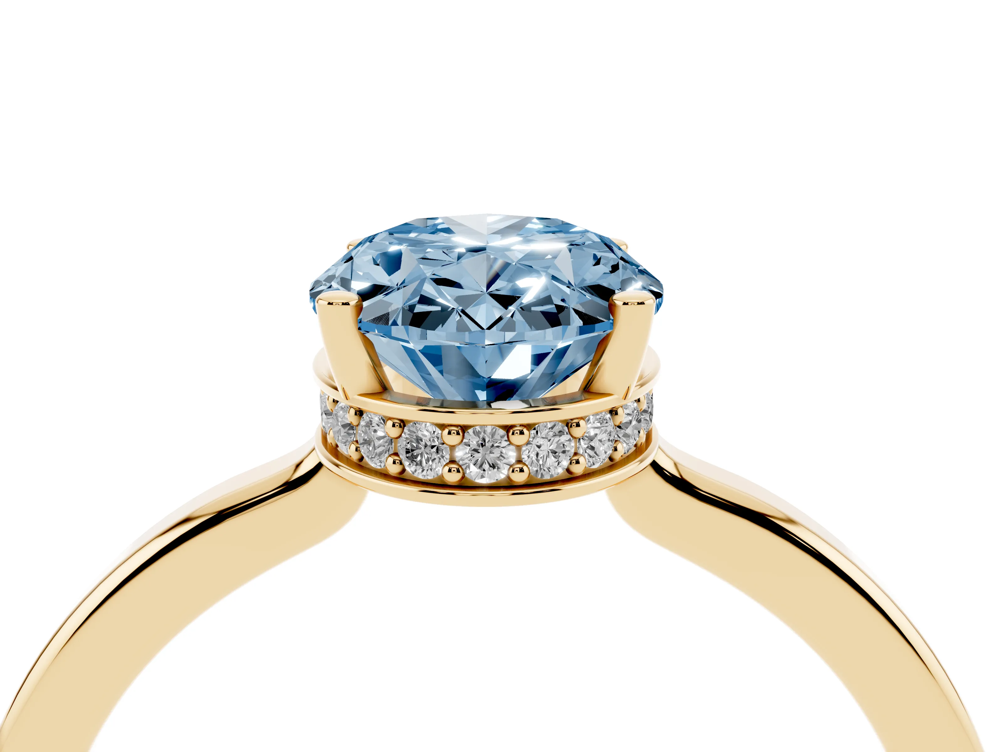 Fancy Blue Oval Cut Diamond Solitaire Engagement Ring Set in Yellow gold with Prong Setting on a Plain Band