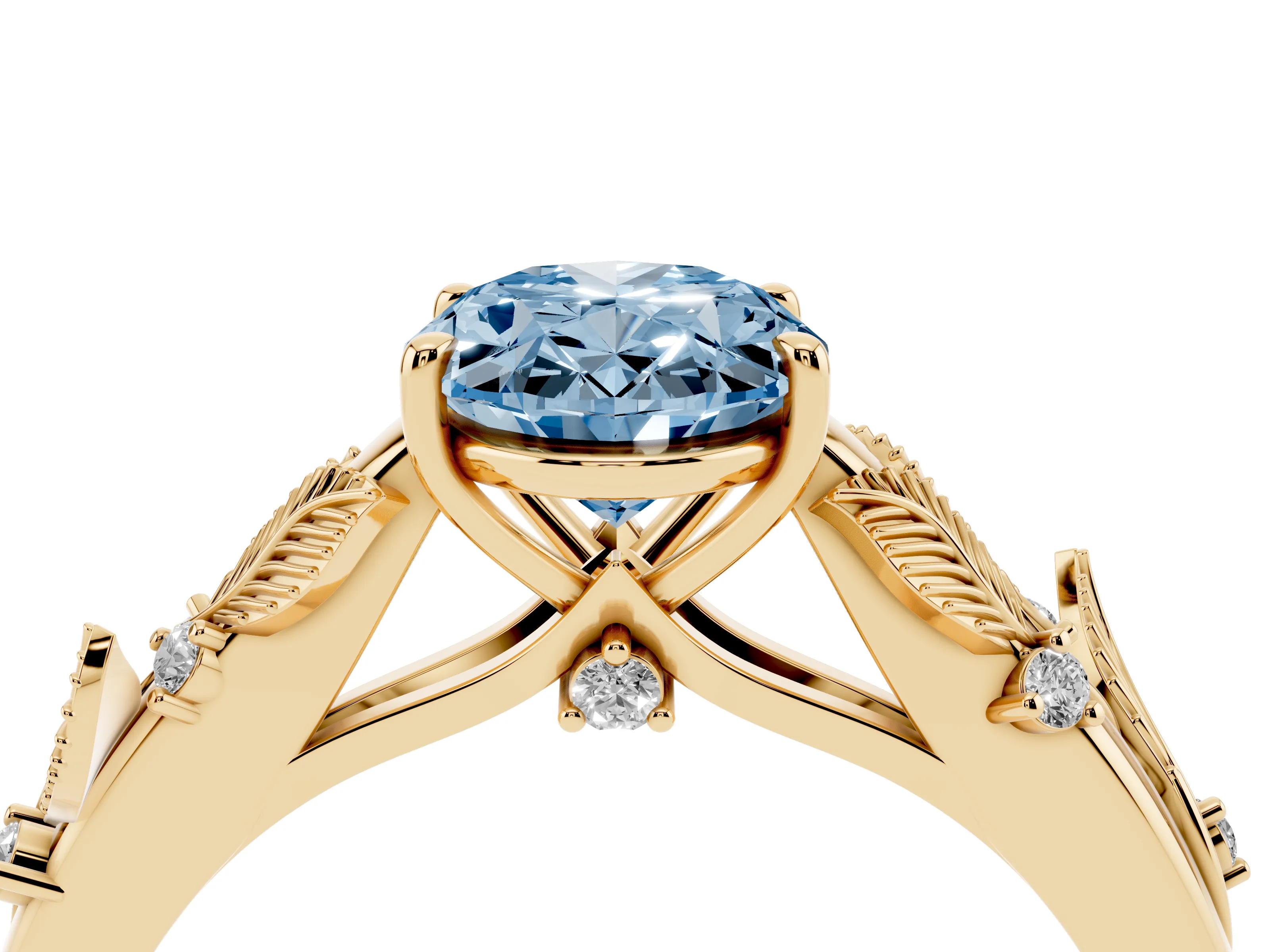 Fancy Blue Oval Cut Diamond Solitaire Ring Set in Yellow gold with Leaf Motif Band