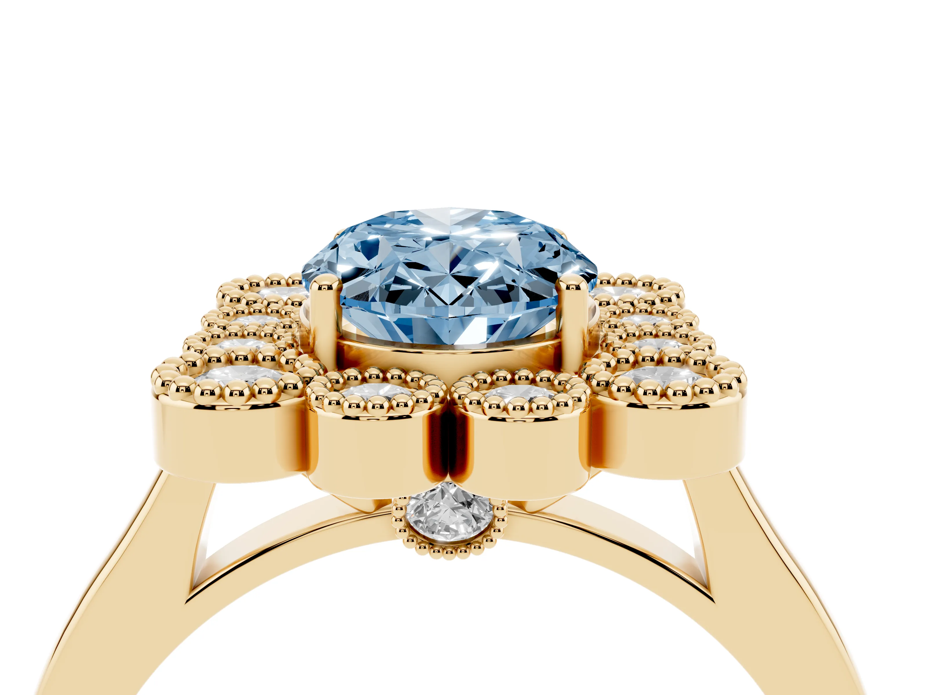 Fancy Blue Oval Cut Diamond Cluster Halo Ring Set in Yellow gold with Milgrain Bezel Accents and Plain Band