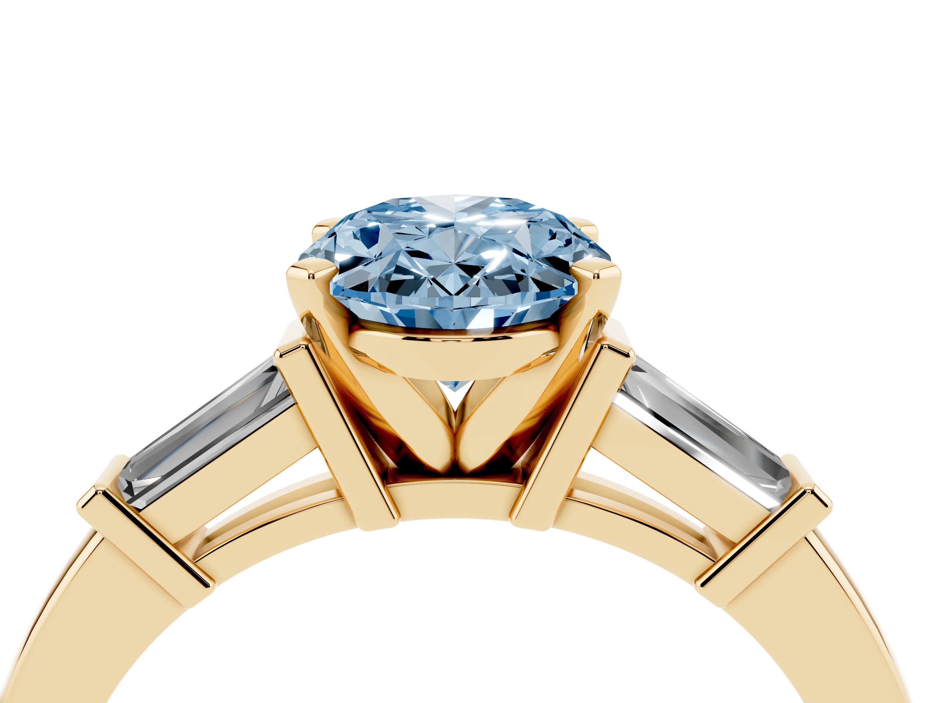 Fancy Blue Oval Cut Diamond Solitaire Ring Set in Yellow gold with Tapered Baguette Accents and Prong Setting
