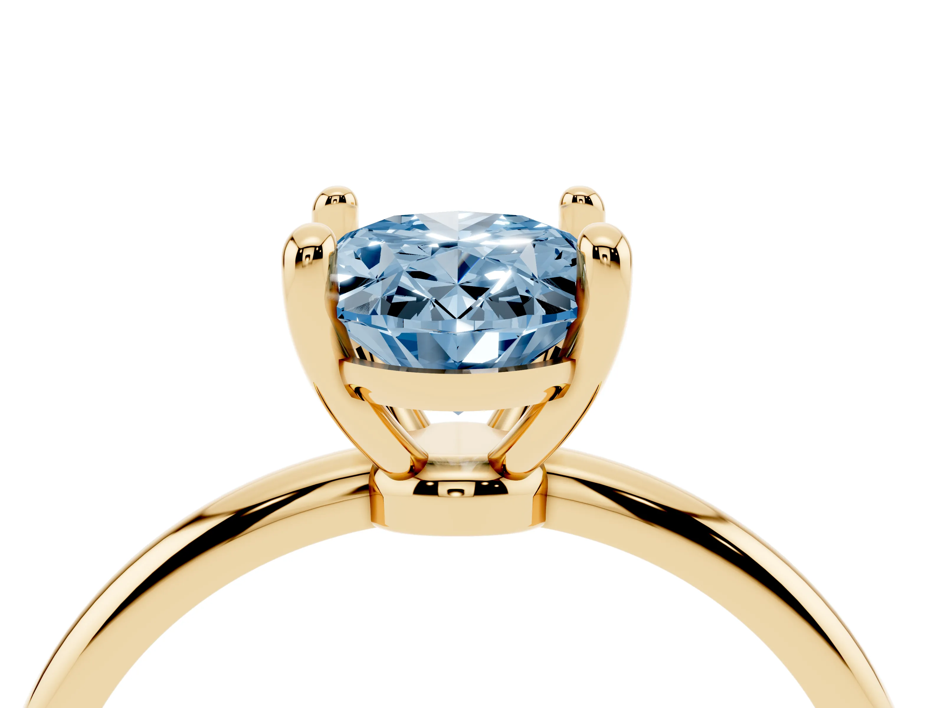 Fancy Blue Oval Cut Diamond Solitaire Ring Set in Yellow gold with Secure Prong Setting on a Classic Band