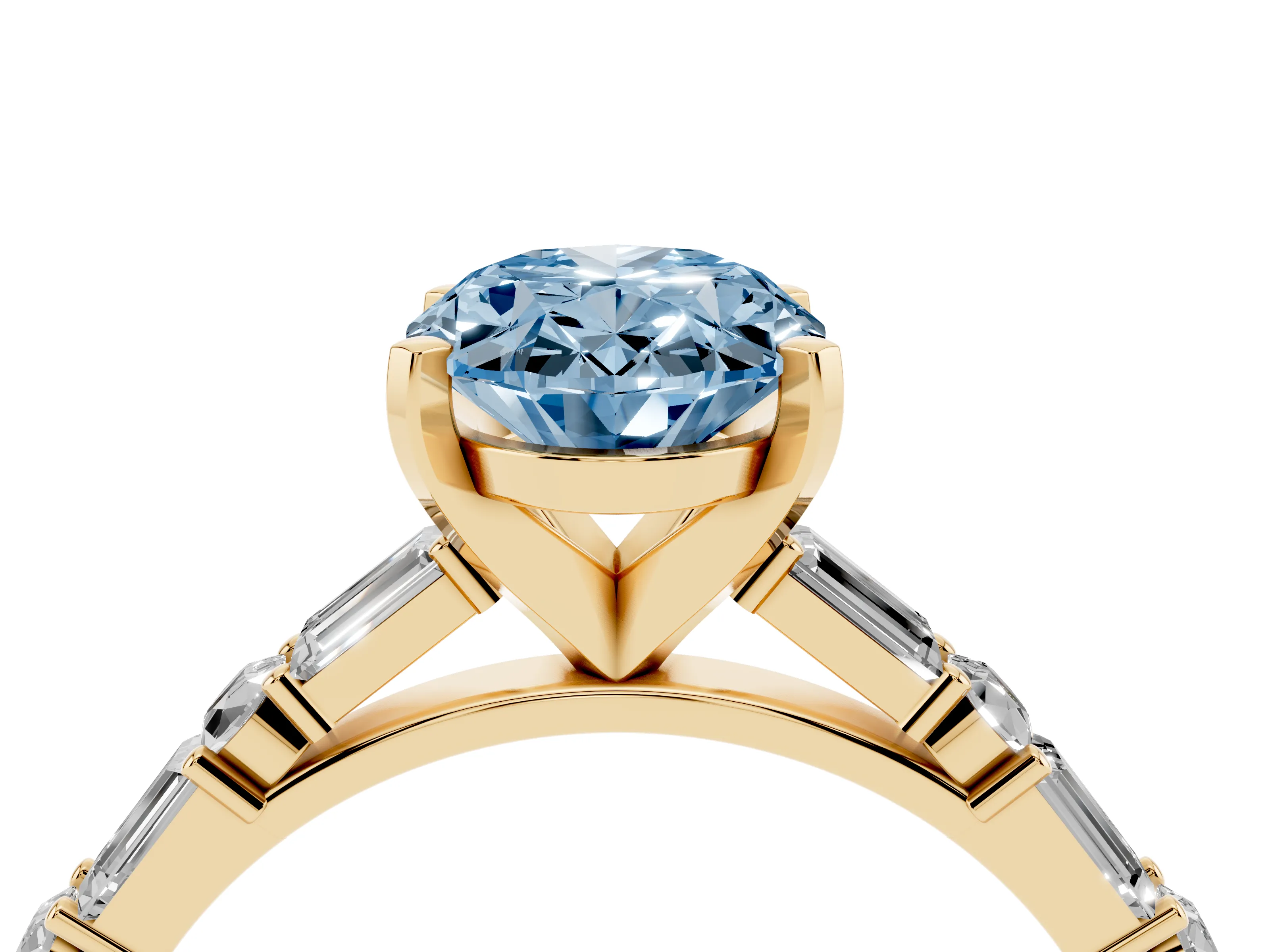 Fancy Blue Oval Cut Diamond Solitaire Set in Yellow gold with Side Baguettes and Channel Set Band
