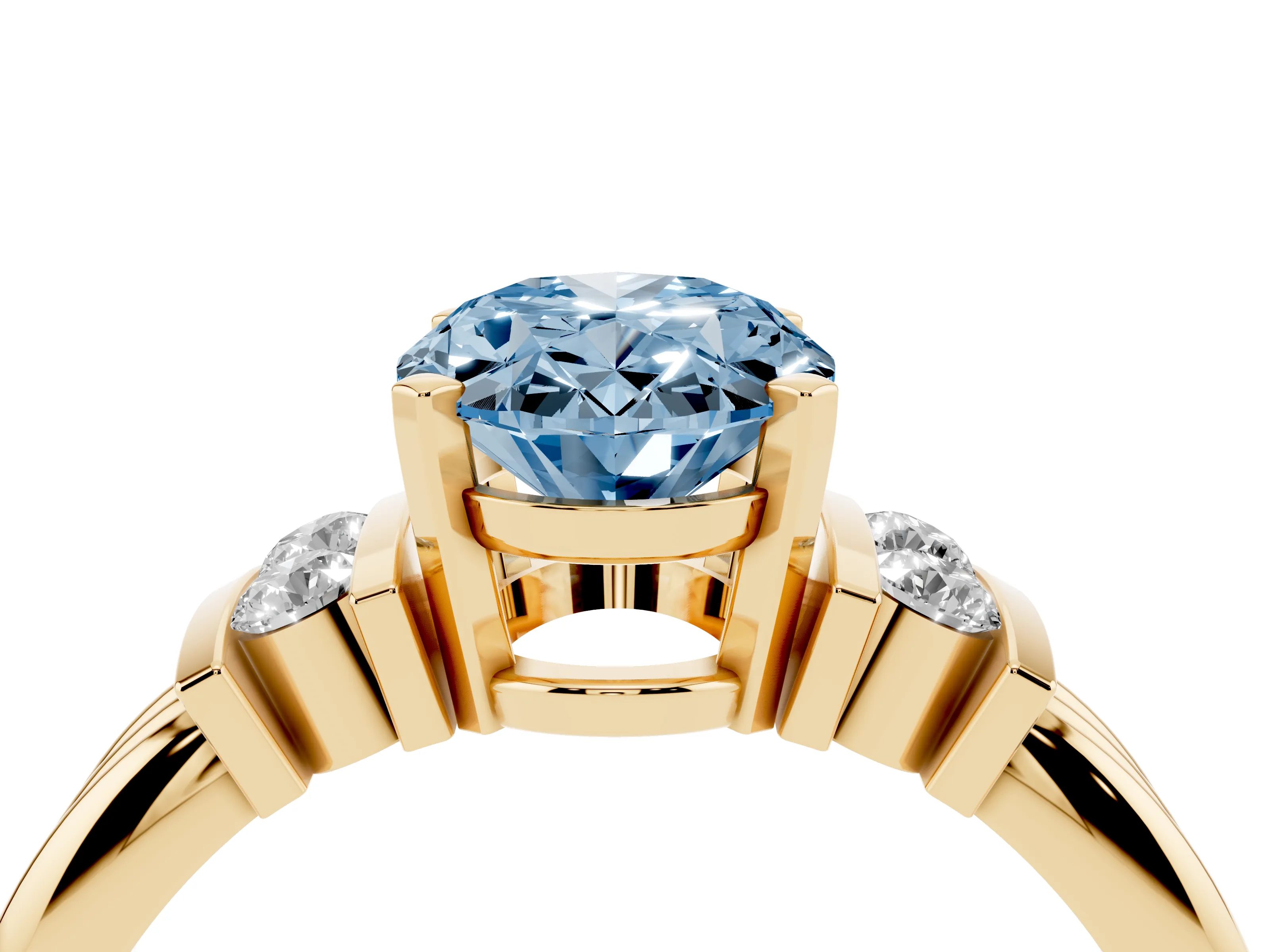 Fancy Blue Three-Stone Oval Cut Diamond Channel Set Ring Set in Yellow gold with Bar Prongs