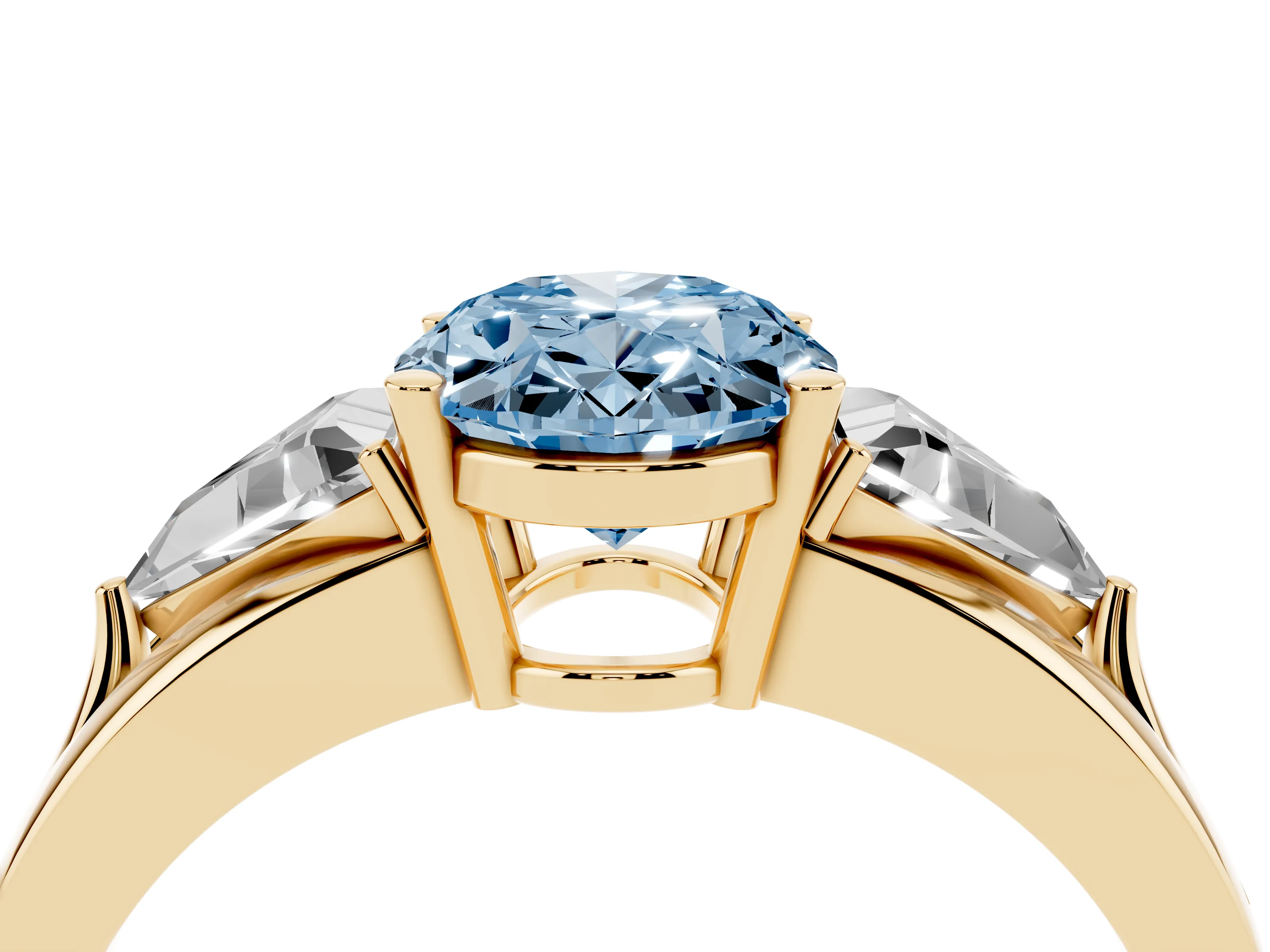 Fancy Blue Oval Cut Diamond Three-Stone Ring Set in Yellow gold with Trillion Side Stones and Split Shank