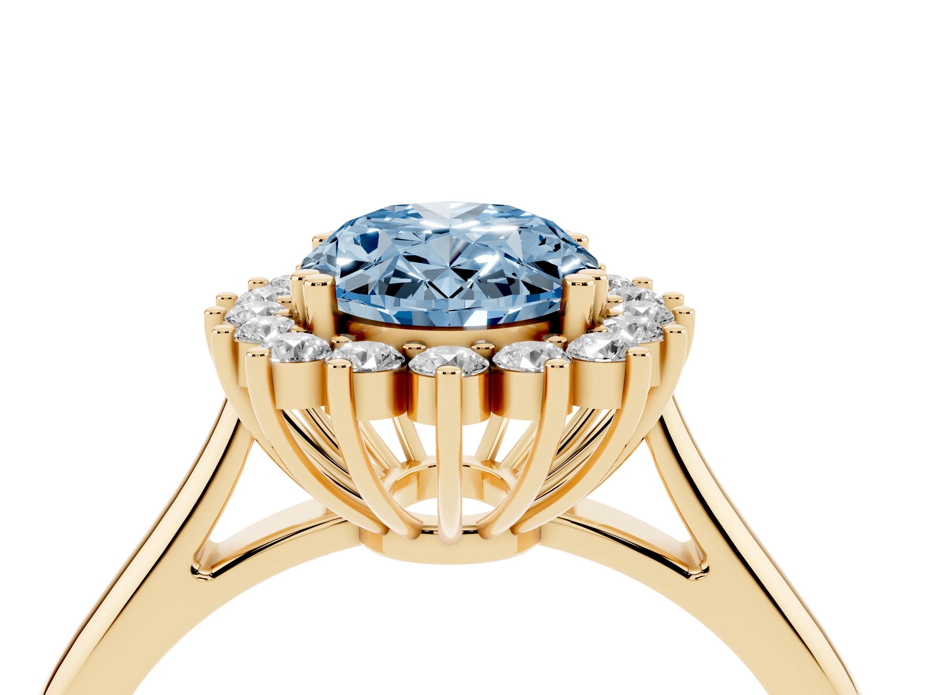 Fancy Blue Oval Cut Diamond Halo Ring Set in Yellow gold with Plain Solitaire Band and Prong Setting