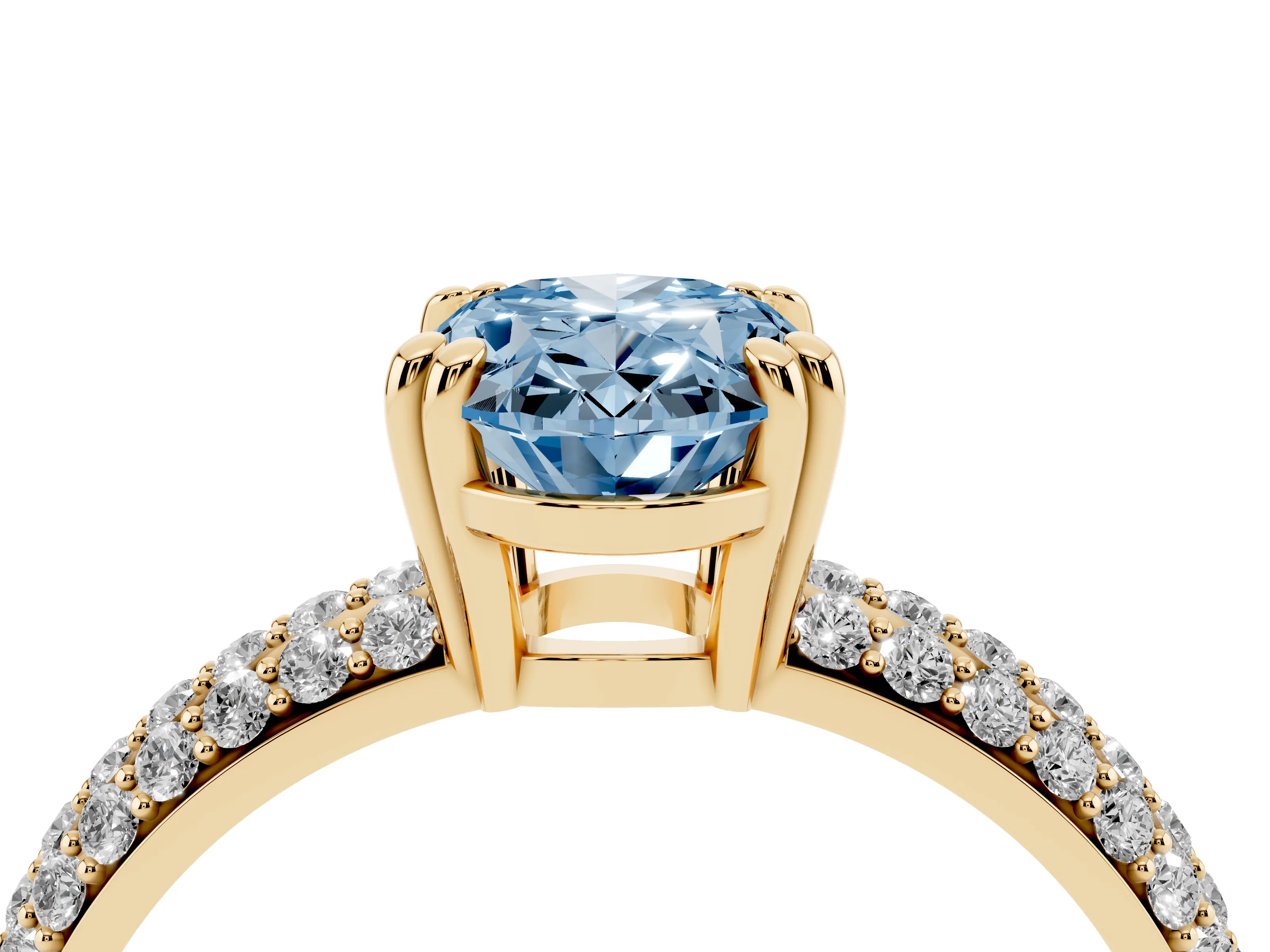 Fancy Blue Oval Cut Diamond Solitaire Ring Set in Yellow gold with Multi-Row Round Pavé Band and Prong Setting