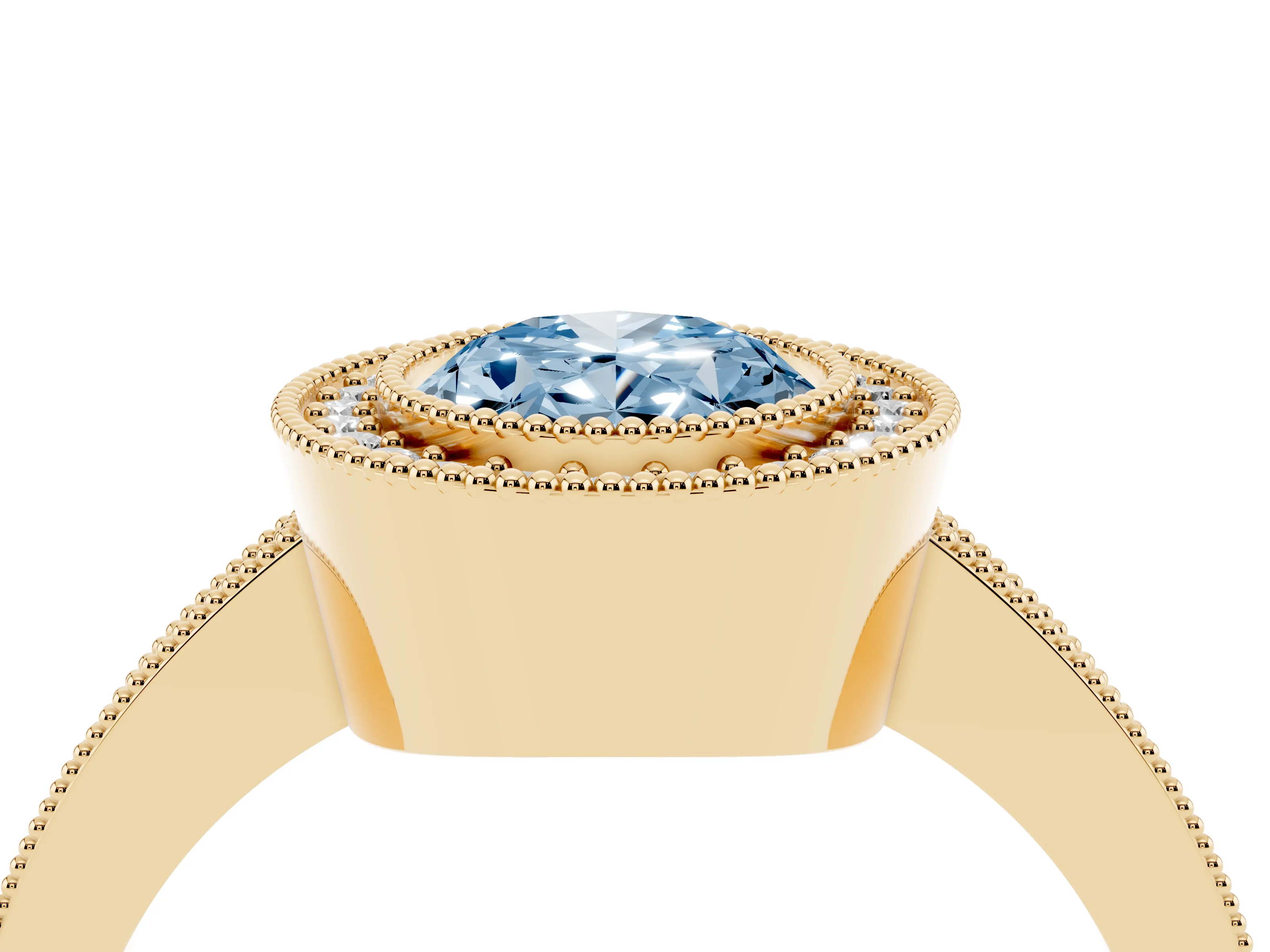Fancy Blue Oval Cut Diamond Halo Engagement Ring Set in Yellow gold with Pavé Band and Round Halo Stones