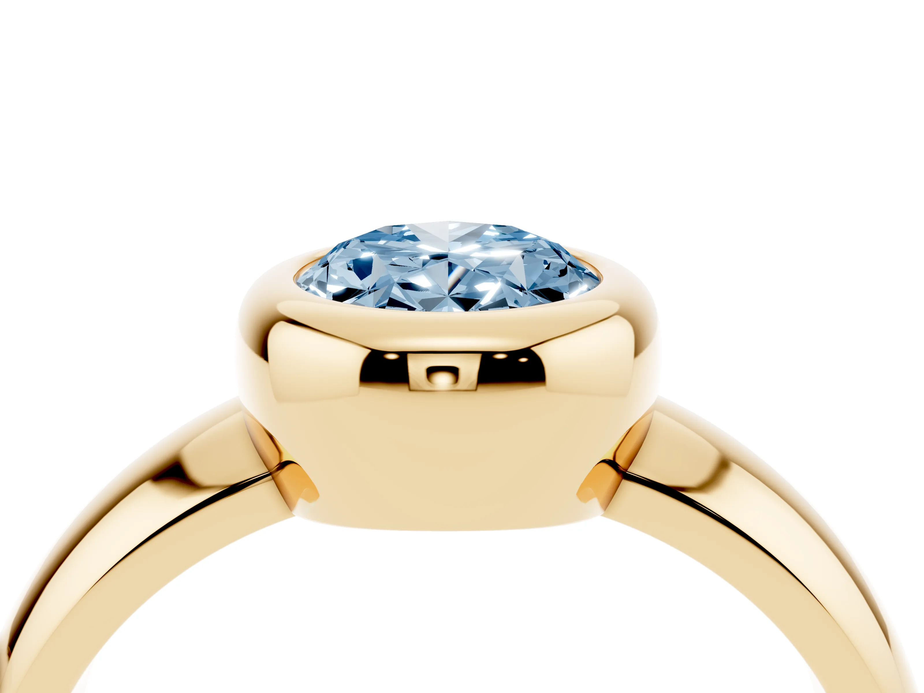 Fancy Blue Bezel Set Oval Cut Diamond Solitaire Ring Set in Yellow gold with Wide Band