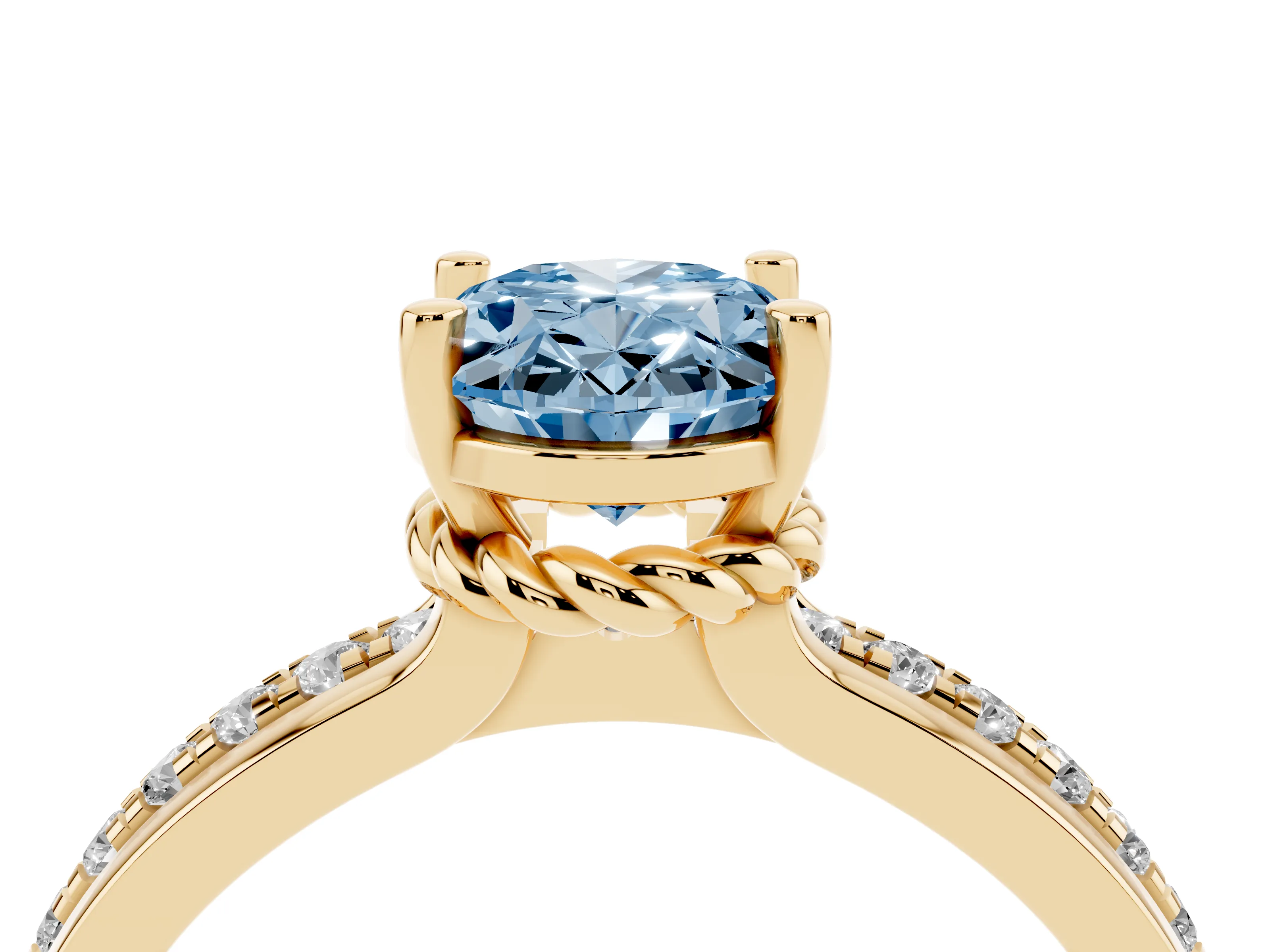 Fancy Blue Oval Cut Diamond Solitaire Ring Set in Yellow gold with Channel Set Band and Prong Setting
