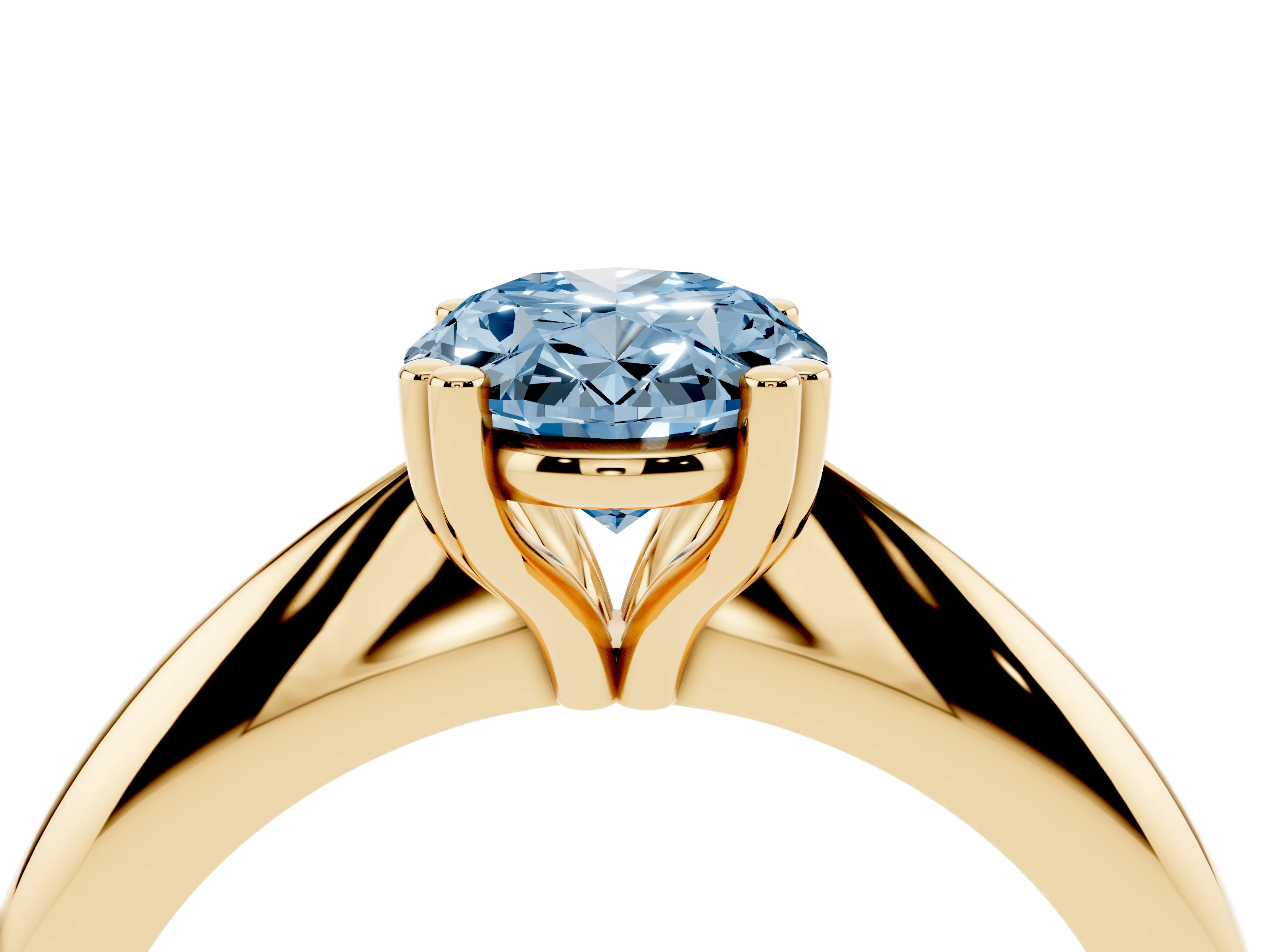 Fancy Blue Oval Cut Diamond Solitaire Engagement Ring Set in Yellow gold with Tapered Band and Prong Setting