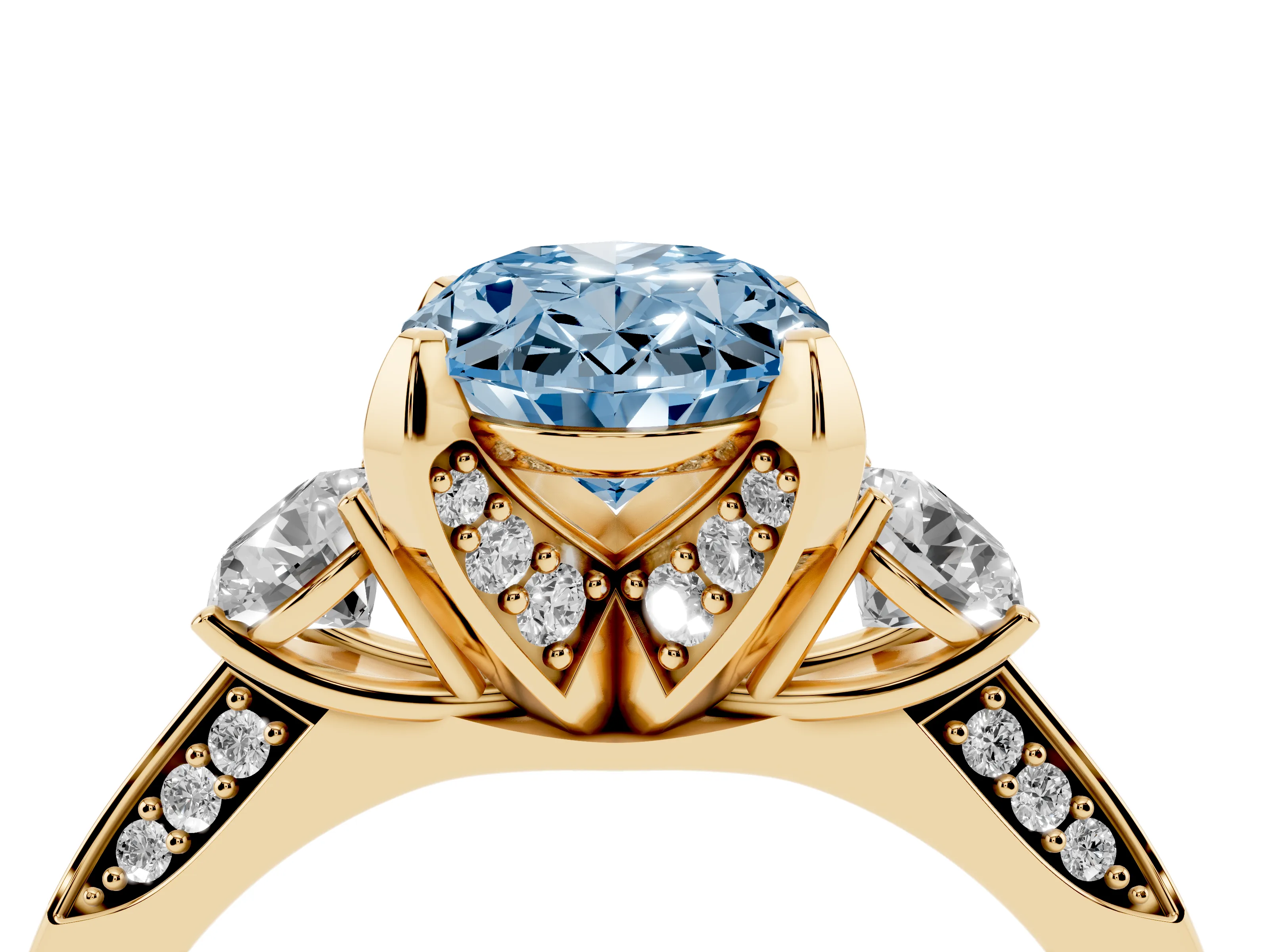 Fancy Blue Oval Cut Diamond Three-Stone Ring Set in Yellow gold with Pavé Band and Smaller Side Stones