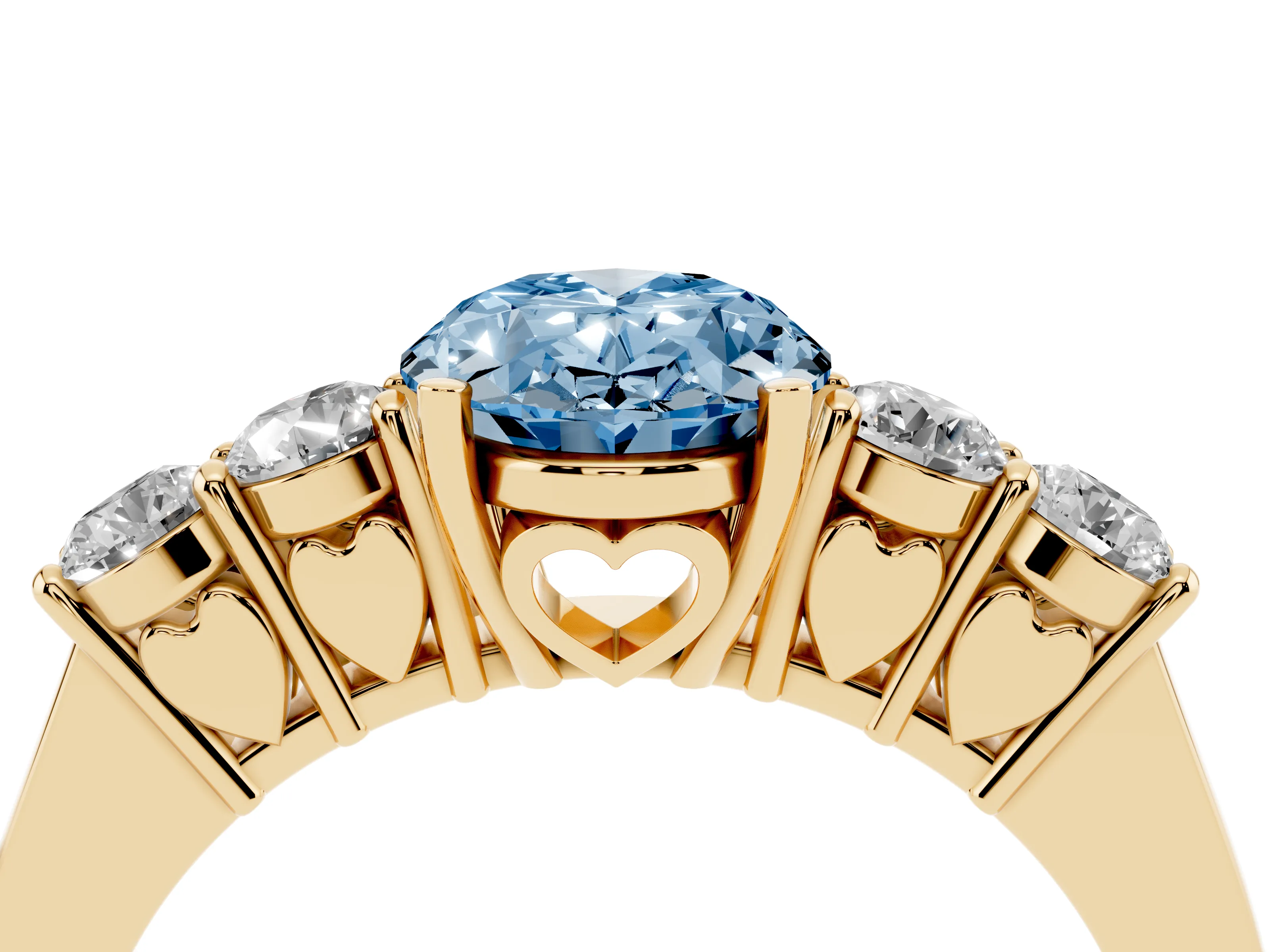 Fancy Blue Oval Cut Diamond Five-Stone Prong Set Band Ring Set in Yellow gold with Polished Band