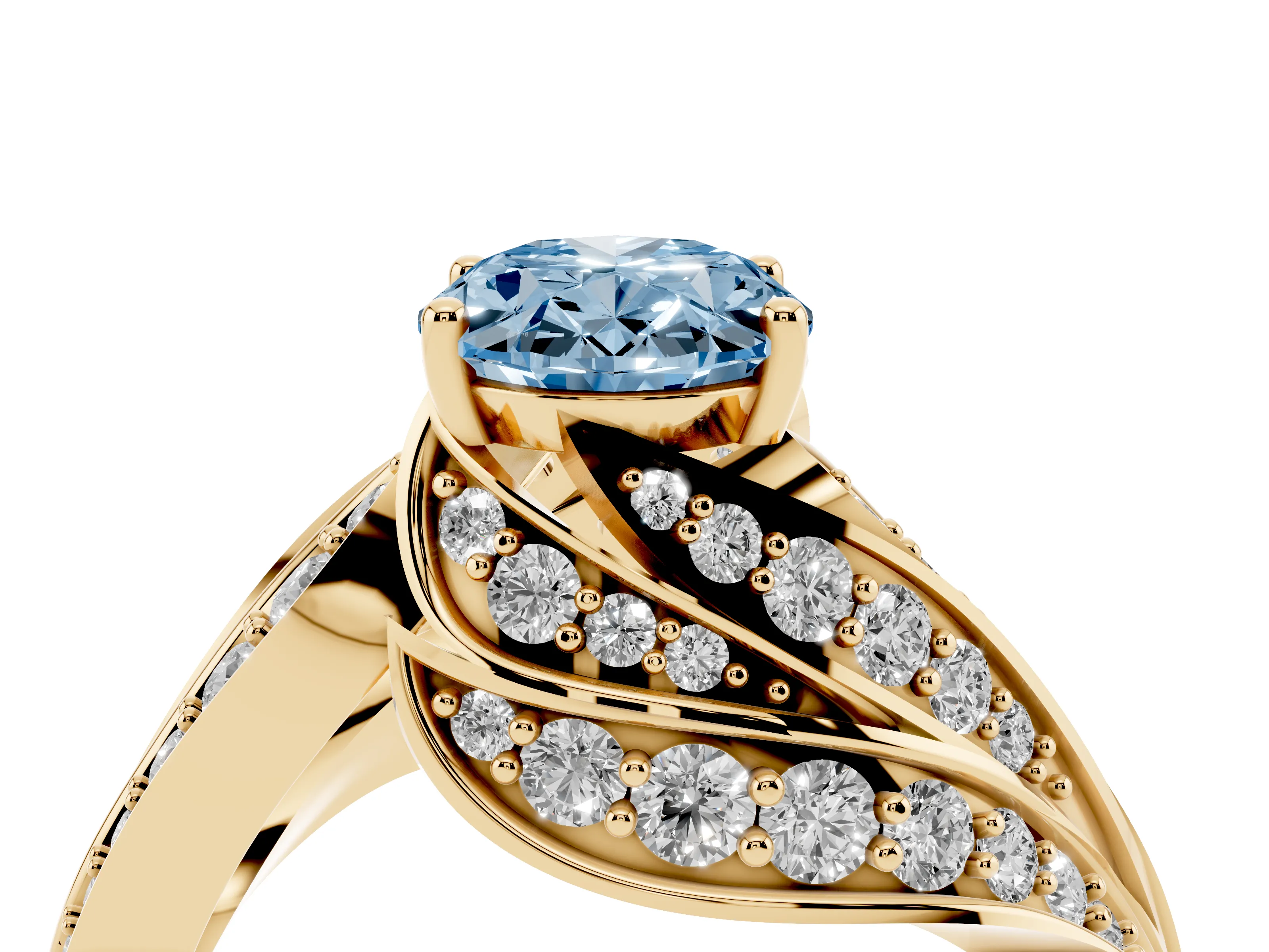 Fancy Blue Oval Cut Diamond Solitaire Ring Set in Yellow gold with Layered Twist Pavé Band