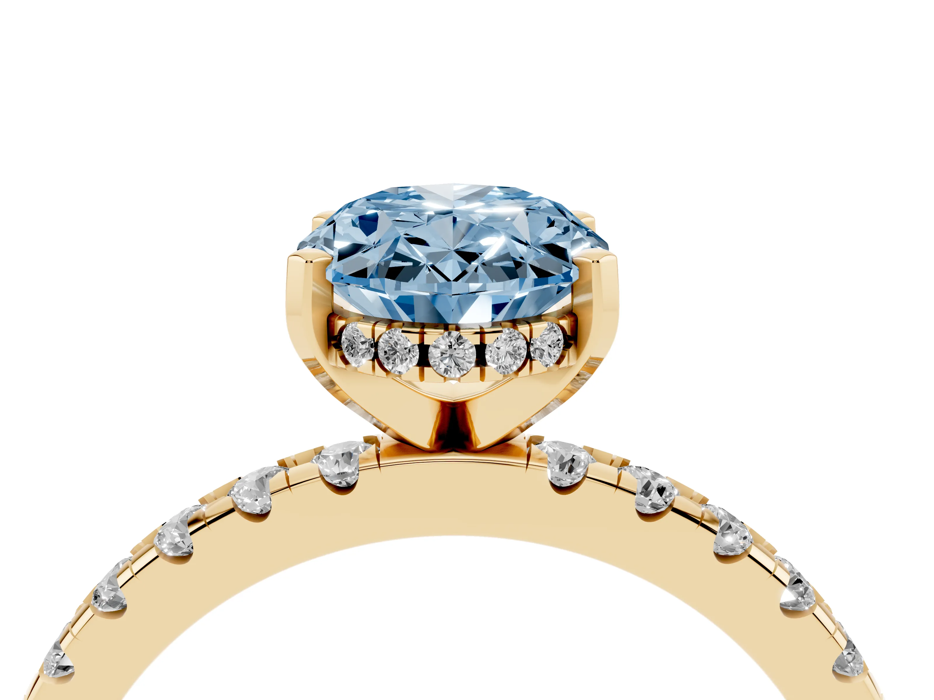 Fancy Blue Oval Cut Diamond Pavé Solitaire Ring Set in Yellow gold with Round Band Accents and Prong Setting