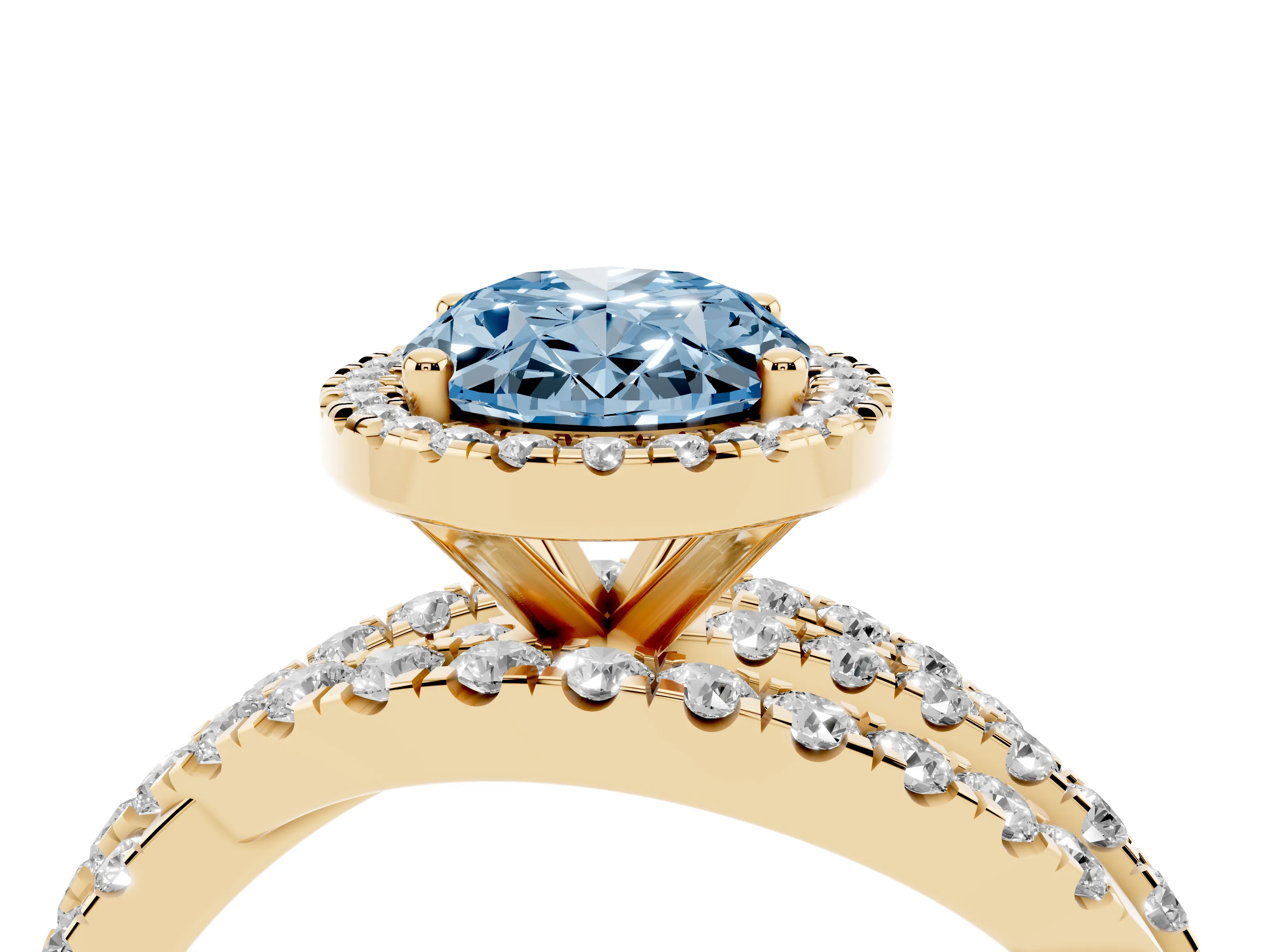 Fancy Blue Oval Cut Diamond Halo Ring Set in Yellow gold with Round Crossover Split Shank and Prong Setting