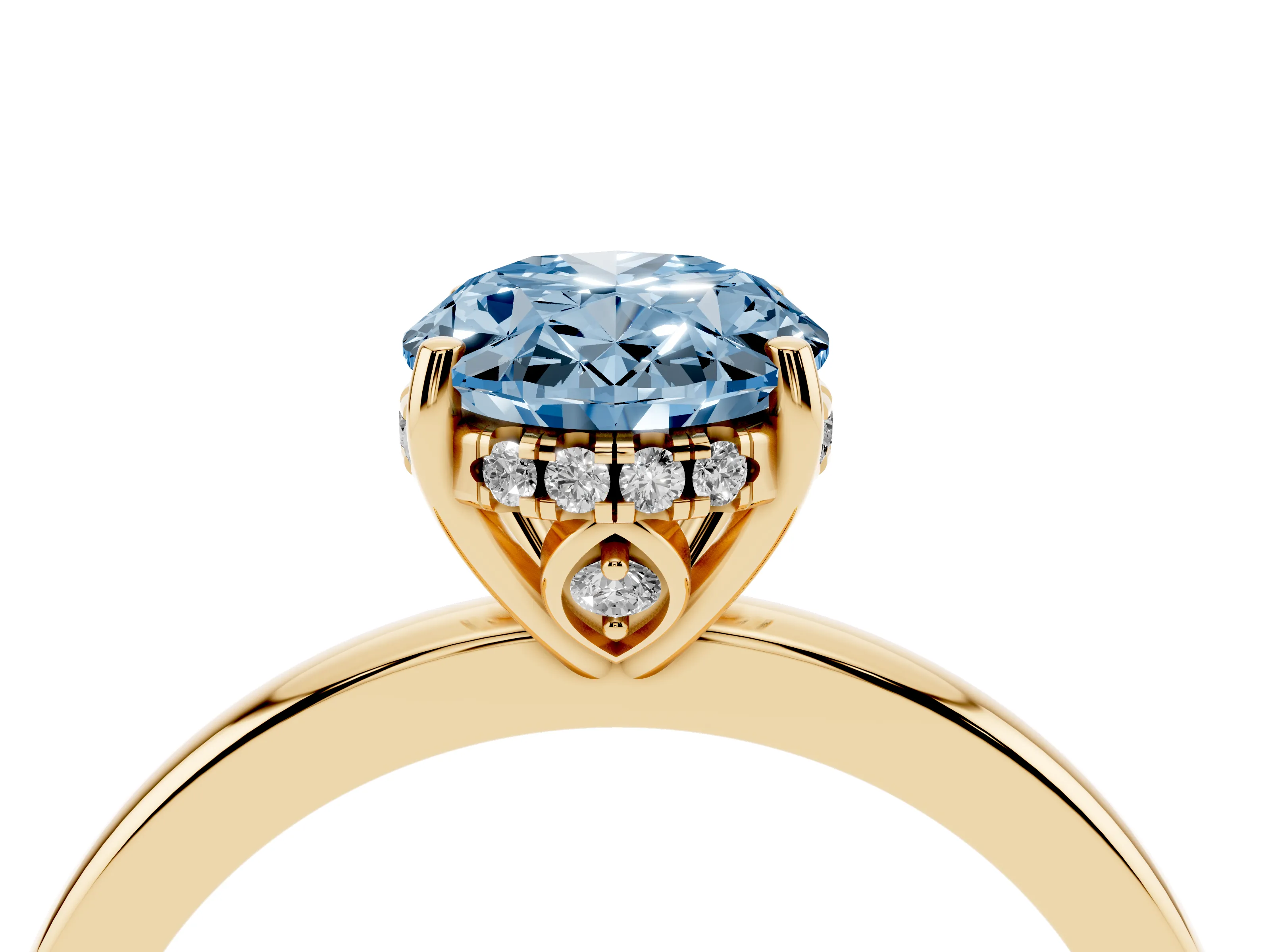 Fancy Blue Oval Cut Diamond Solitaire Ring Set in Yellow gold with Plain Band and Prong Setting