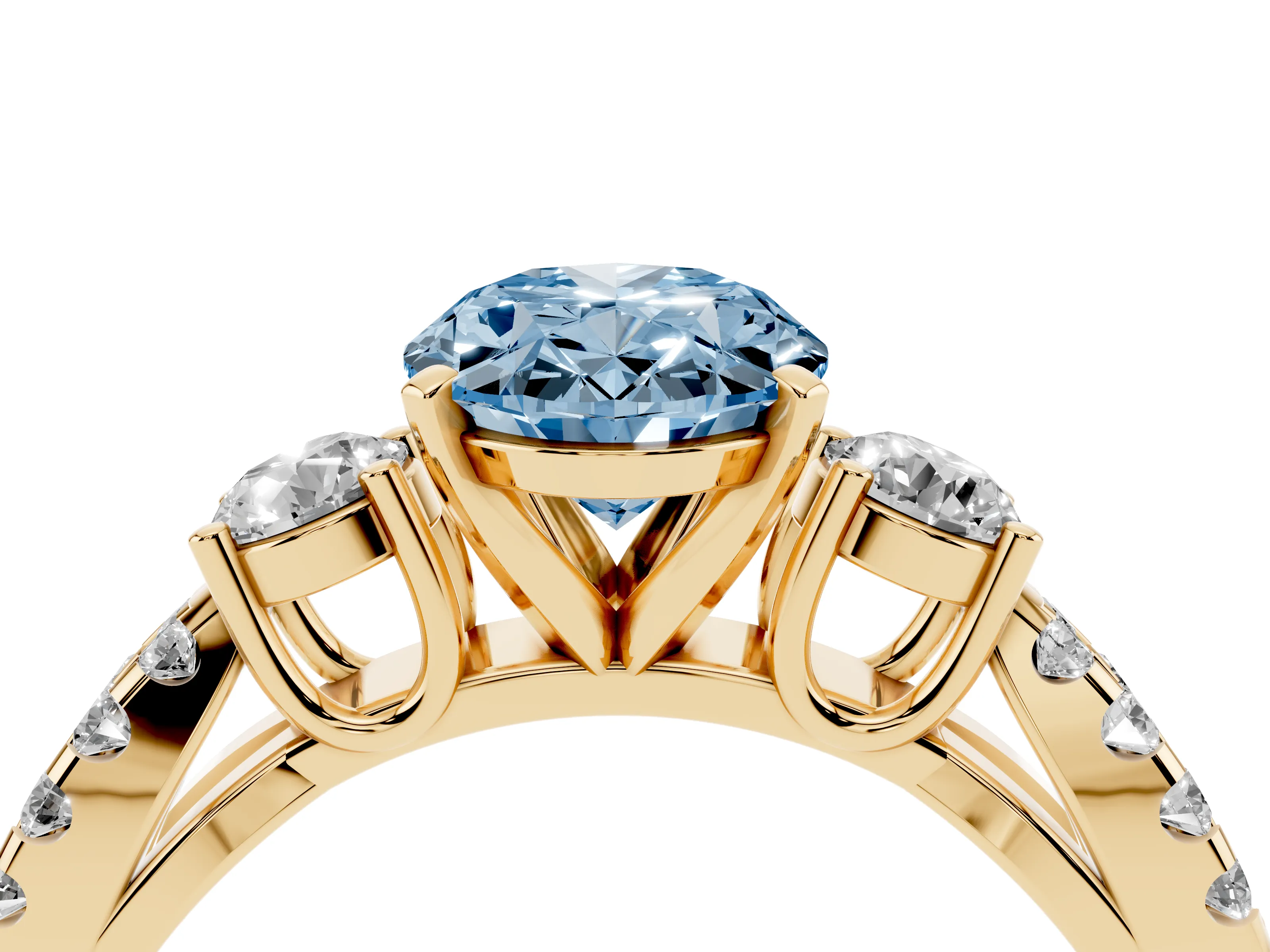 Fancy Blue Oval Cut Diamond Three-Stone Ring Set in Yellow gold with Pavé Split Shank and Prong Setting