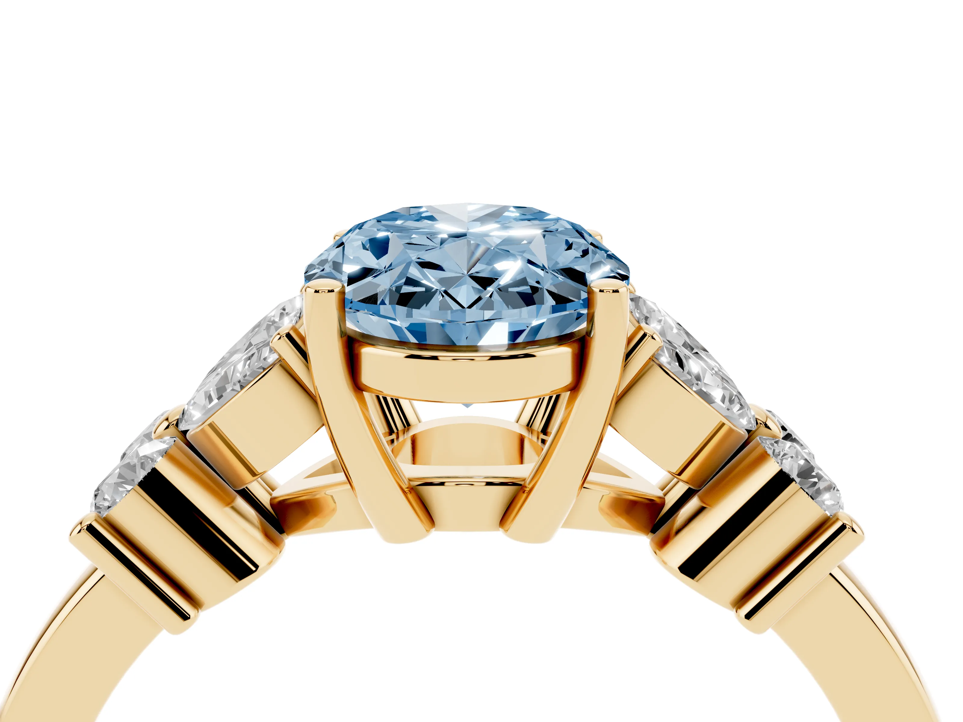 Fancy Blue Oval Cut Diamond Floral Cluster Ring Set in Yellow gold with Marquise Petals and Prong Setting