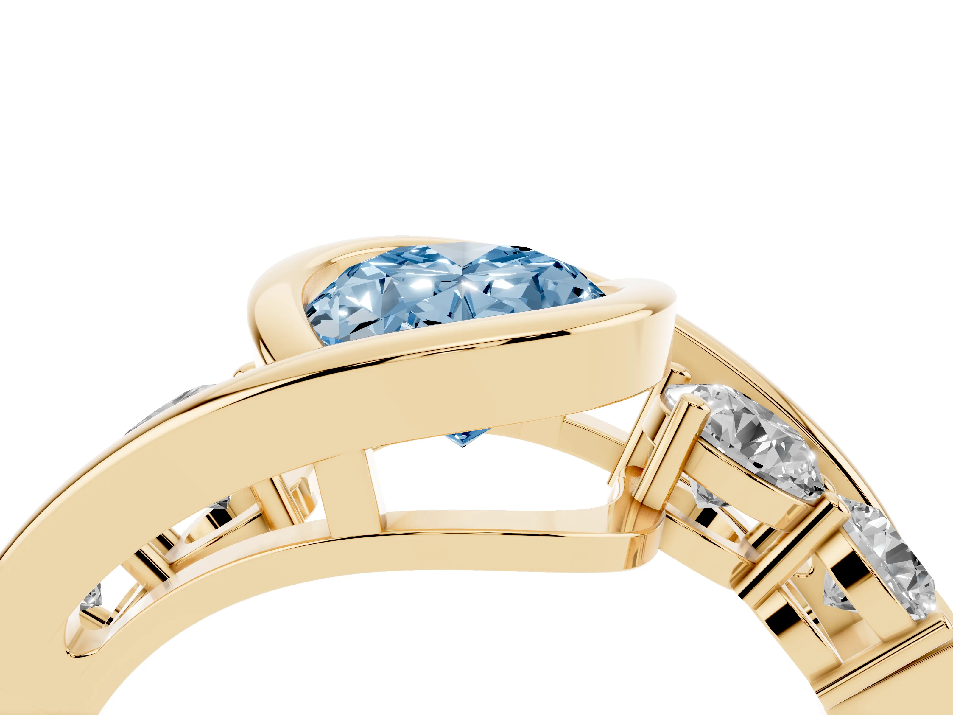 Fancy Blue Oval Cut Diamond Bezel Bypass Ring Set in Yellow gold with Round Accents