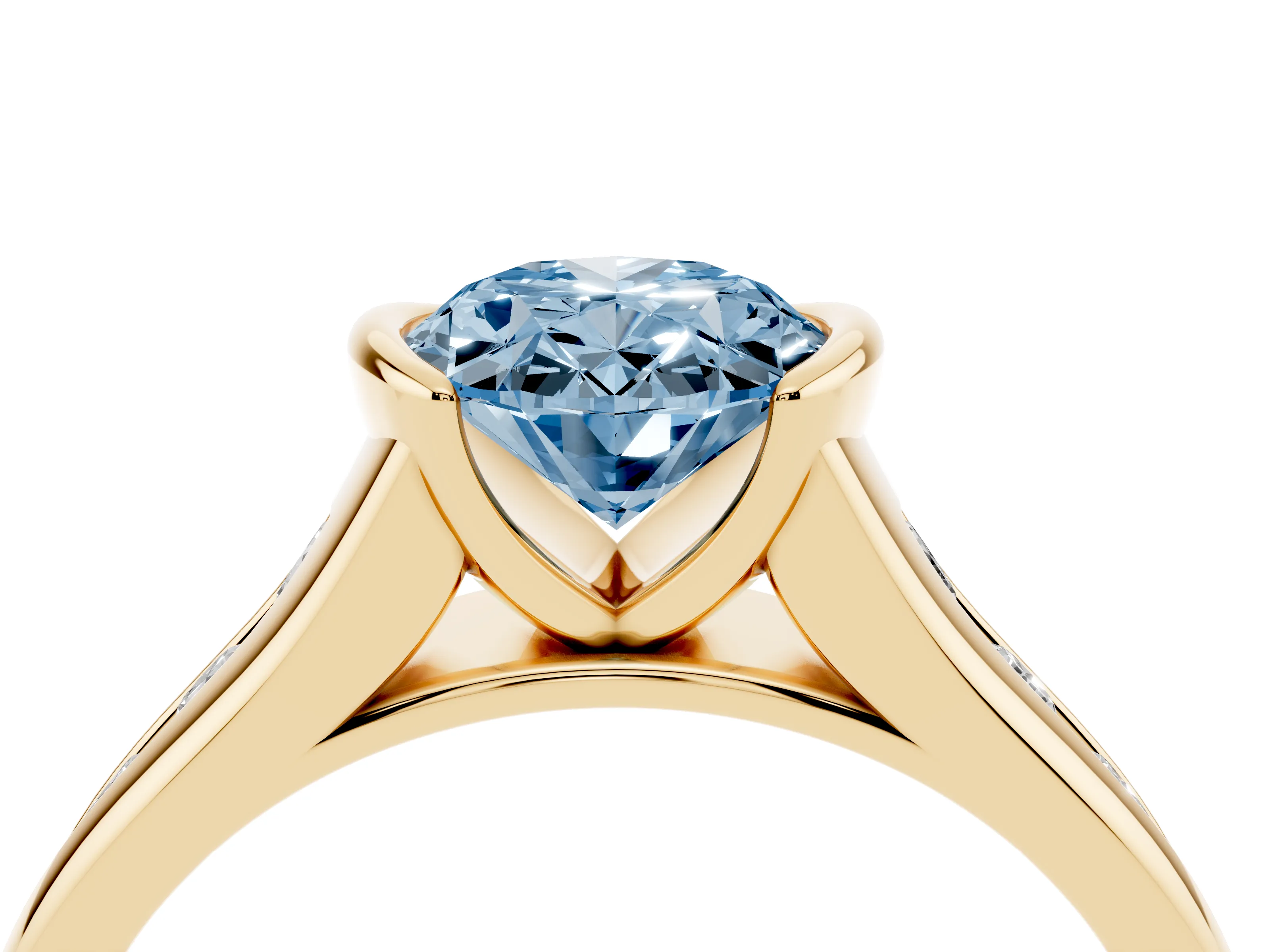 Fancy Blue Oval Cut Diamond Bezel-Set Solitaire Ring Set in Yellow gold with Channel-Set Band