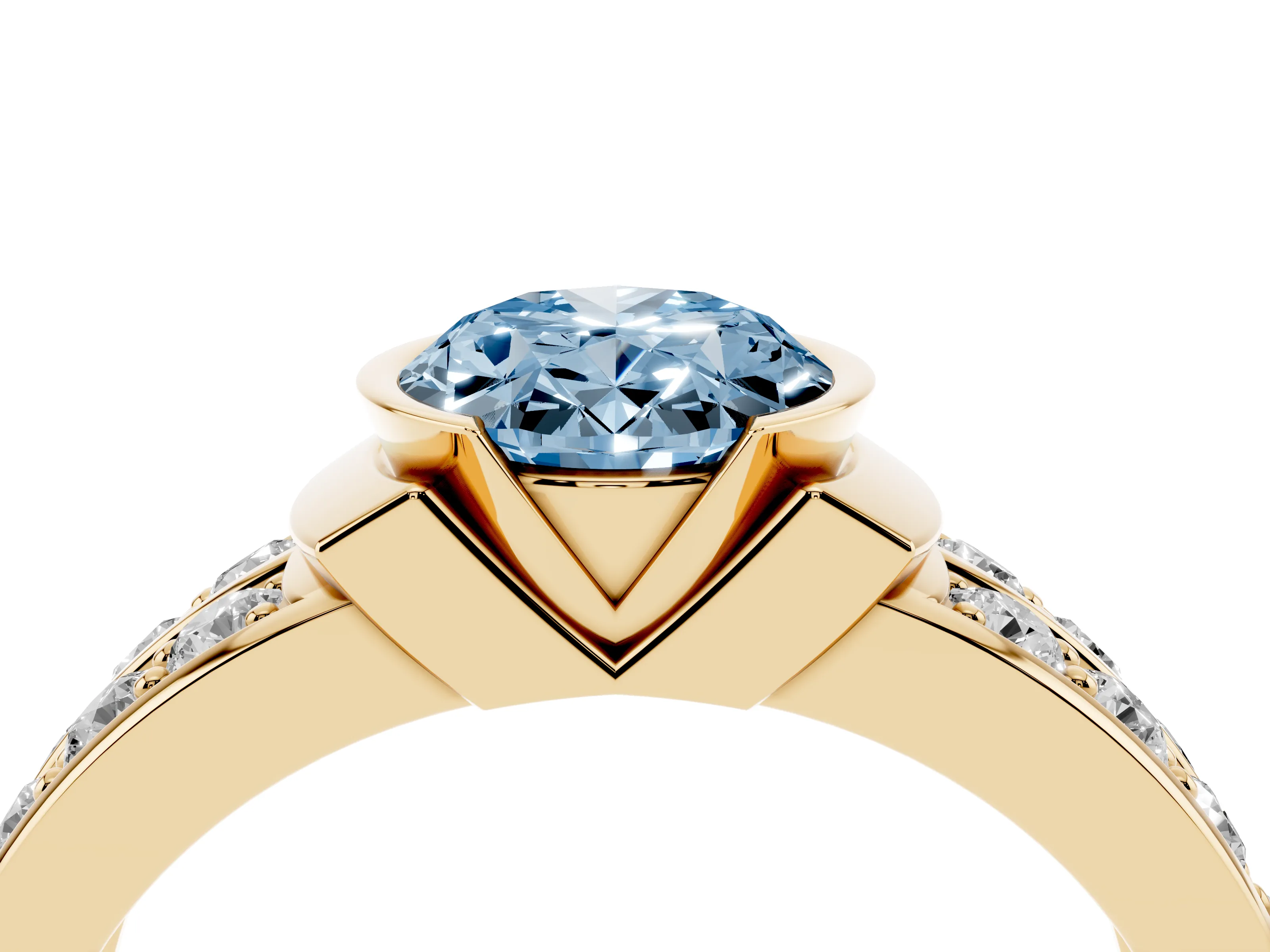 Fancy Blue Oval Cut Diamond Wide Channel Set Band Ring Set in Yellow gold with Bezel Setting