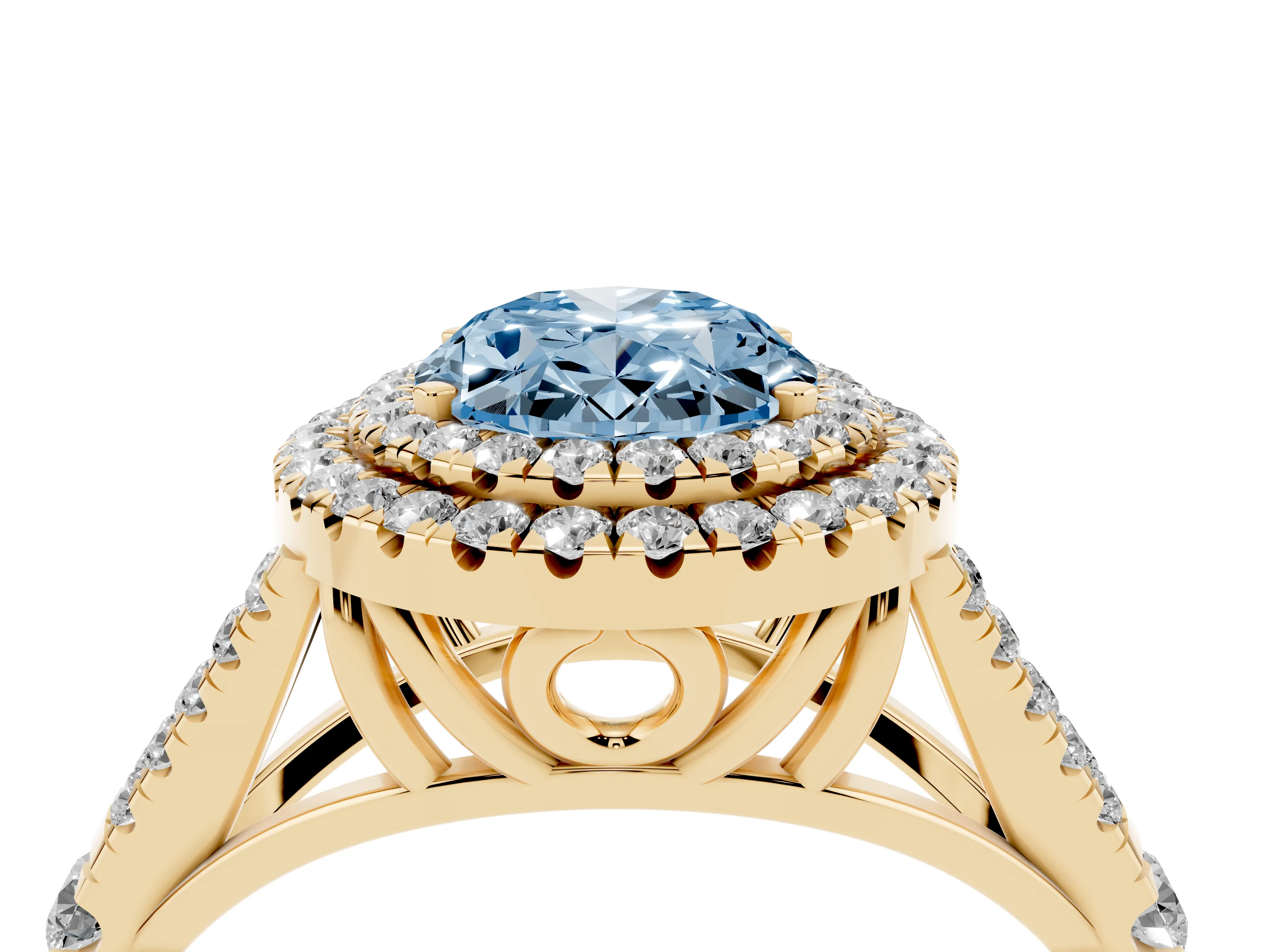 Fancy Blue Oval Cut Diamond Pavé Split Shank Double Halo Engagement Ring Set in Yellow gold