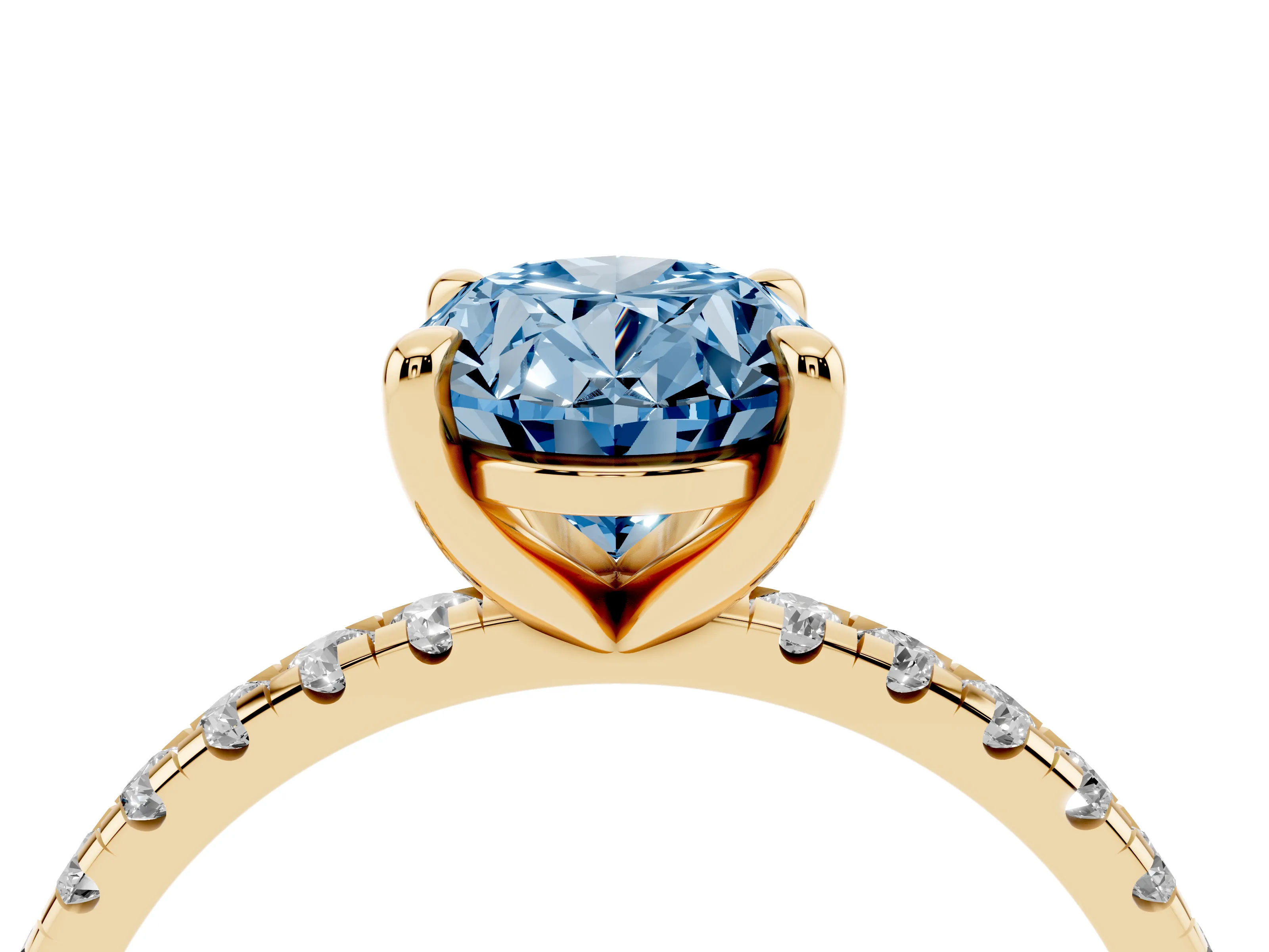 Fancy Blue Oval Cut Diamond Brilliant Solitaire Ring Set in Yellow gold with Pavé Band and Prong Setting