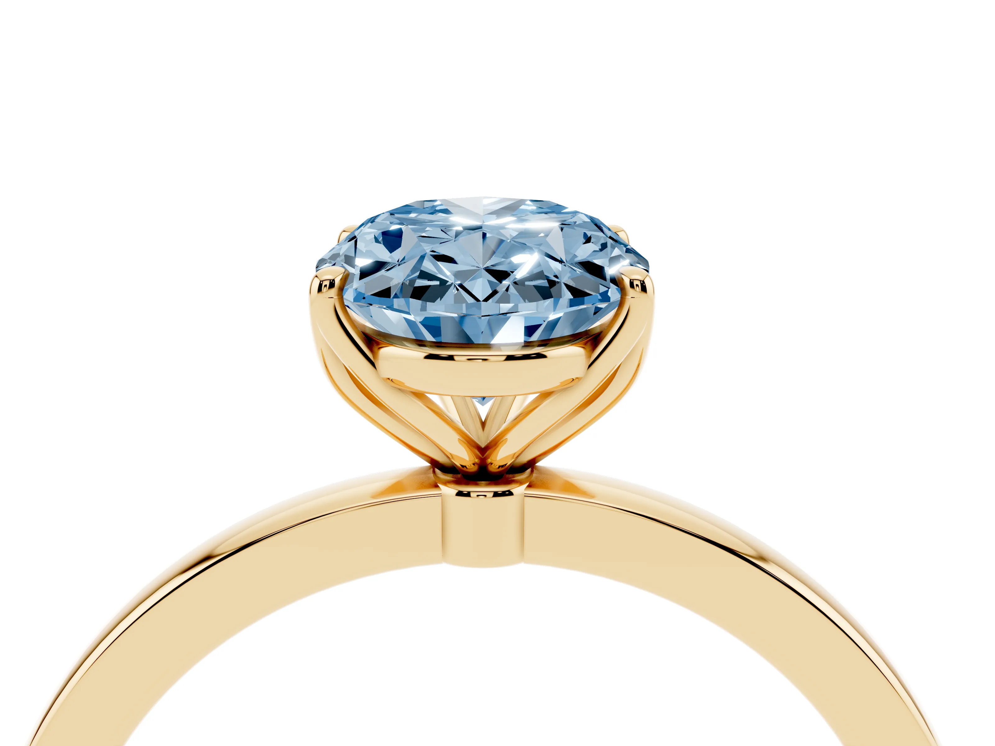 Fancy Blue Oval Cut Diamond Solitaire Ring Set in Yellow gold with Prong Setting and Thin Polished Band