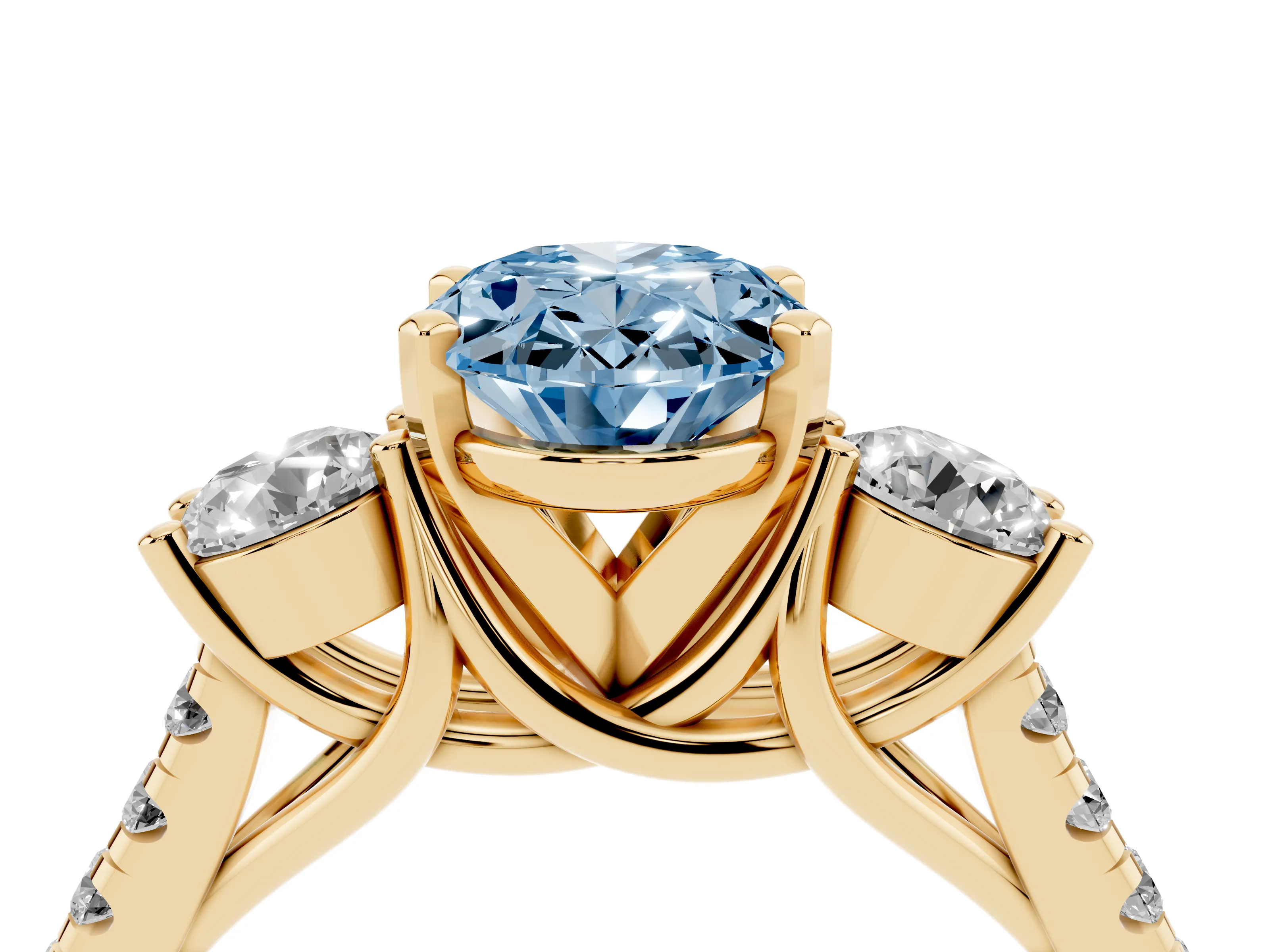 Fancy Blue Three-Stone Oval Cut Diamond Pavé Band Ring Set in Yellow gold with Prong-Set Trio
