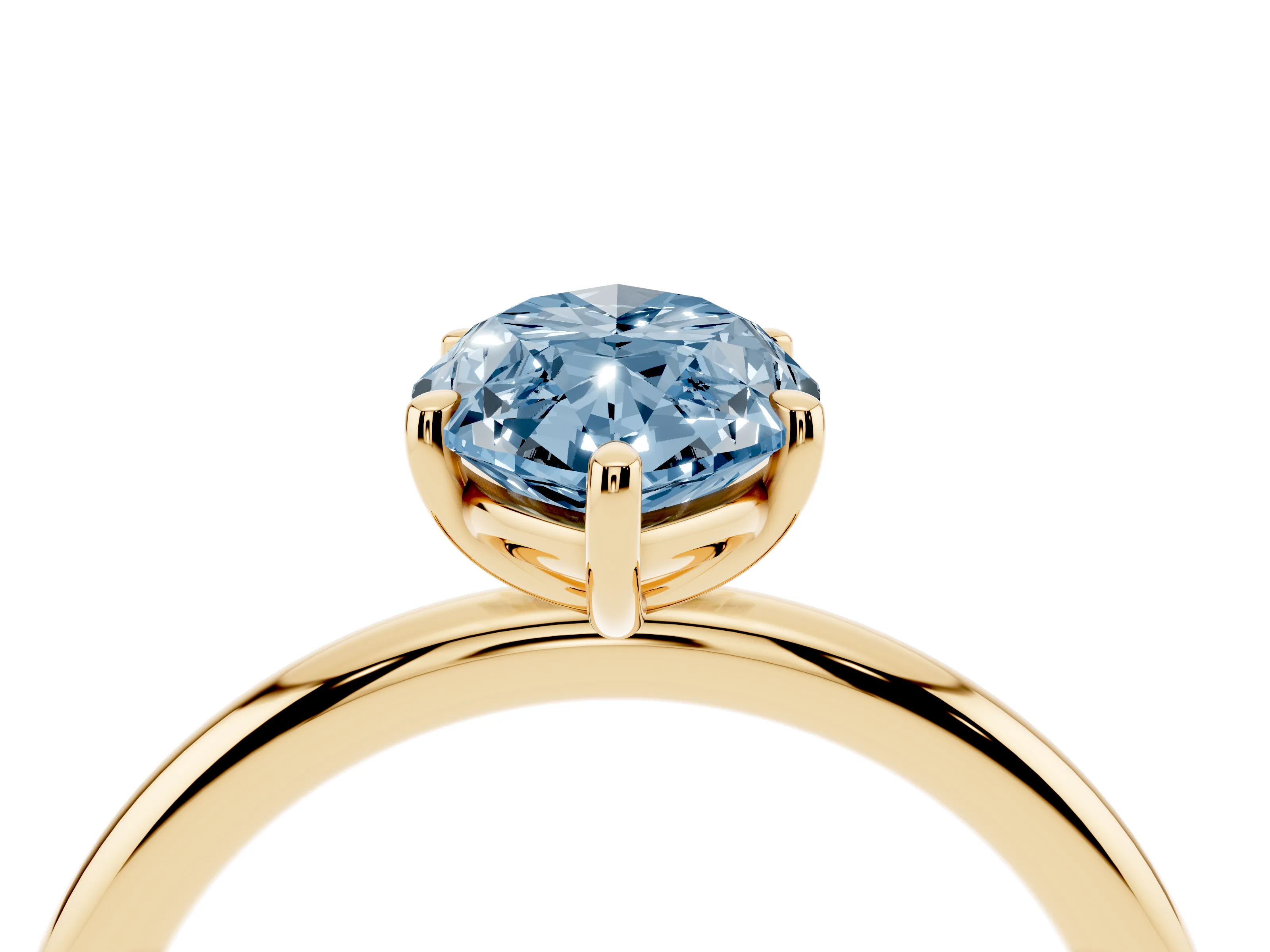 Fancy Blue Oval Cut Diamond Solitaire Ring Set in Yellow gold with Prong Setting on a Polished Plain Band