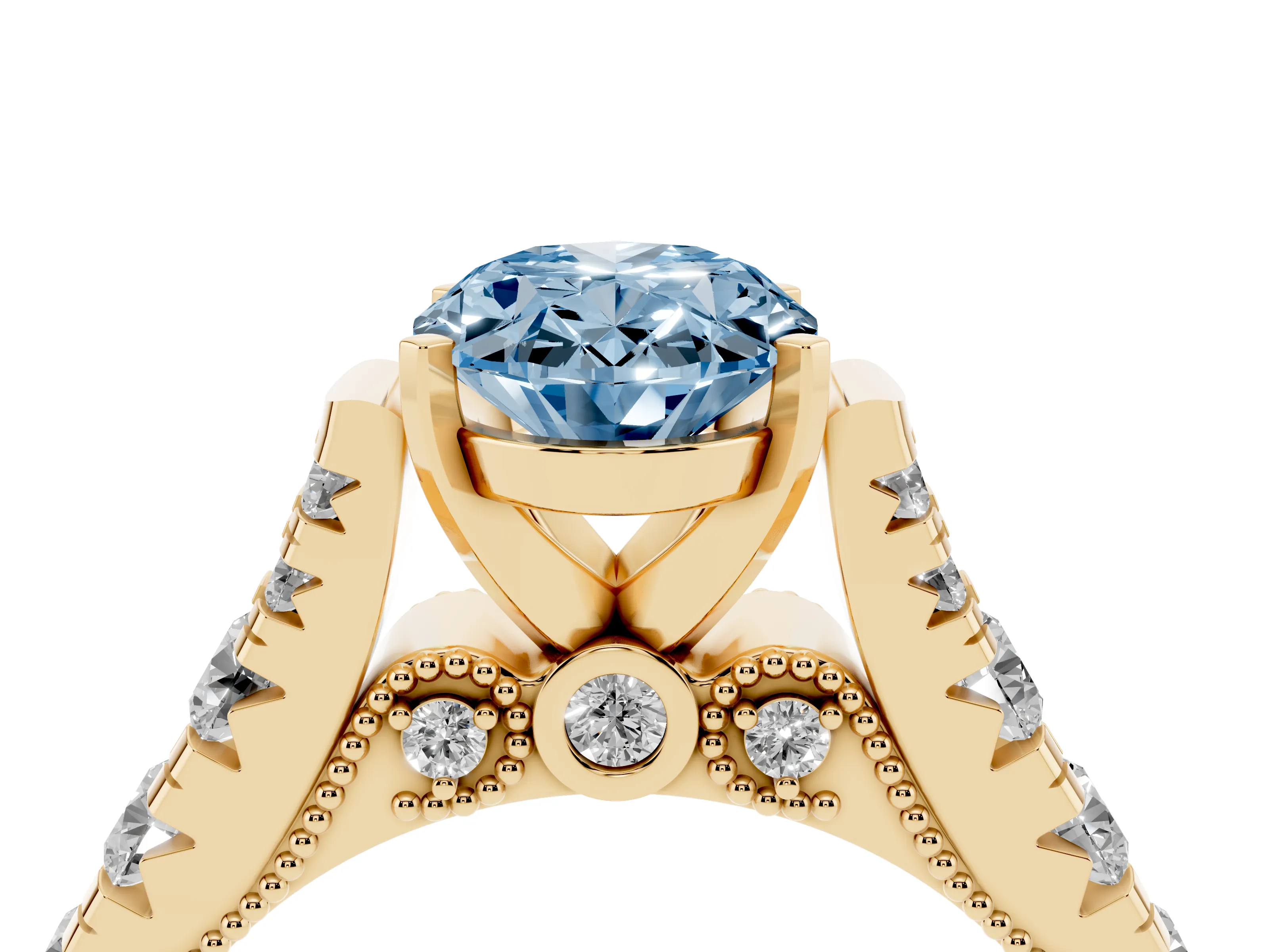 Fancy Blue Oval Cut Diamond Classic Solitaire Ring Set in Yellow gold with Pavé Band and Prong Setting