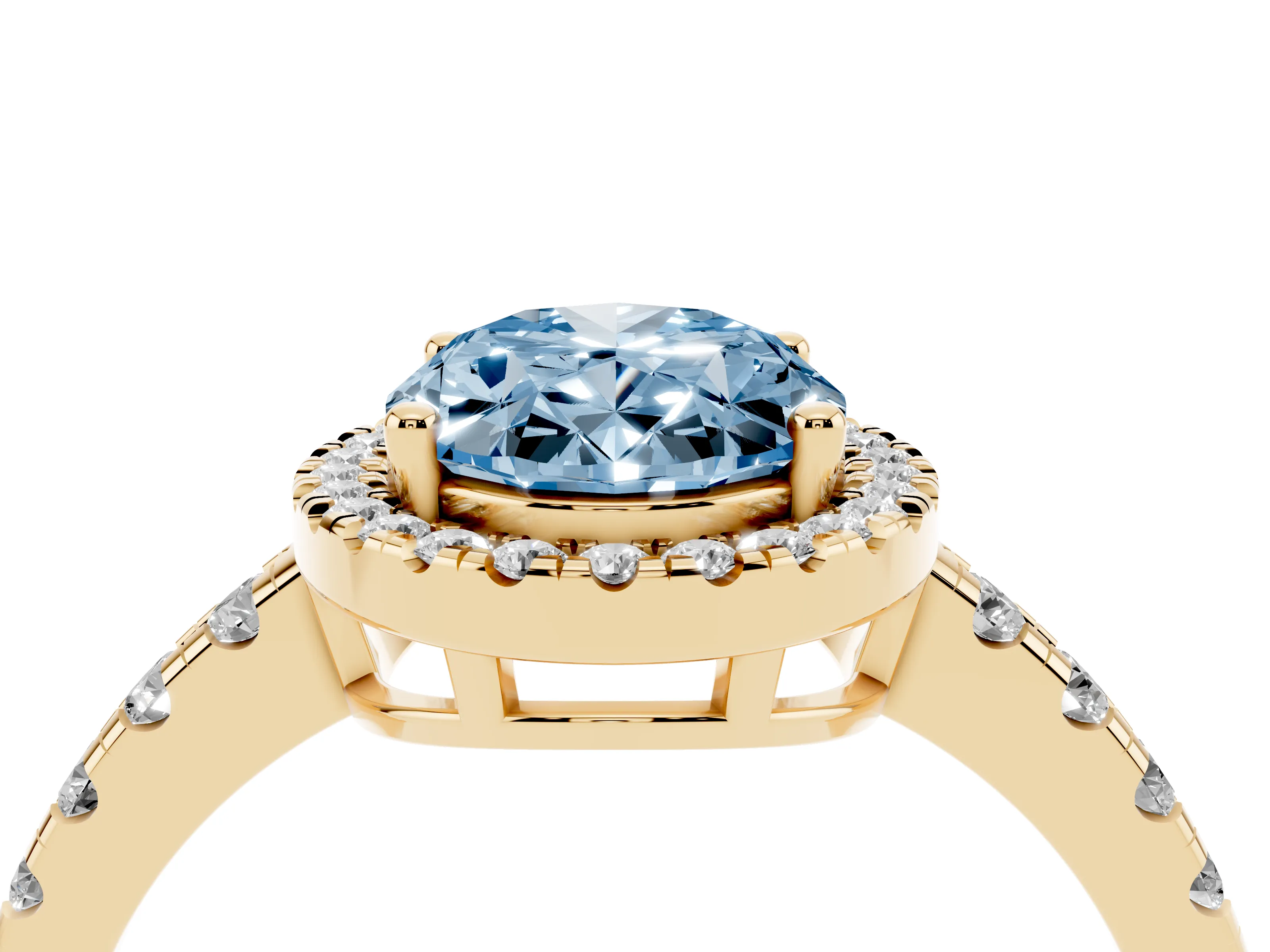 Fancy Blue Oval Cut Diamond Halo Ring Set in Yellow gold with Delicate Pavé Band and Prong Setting